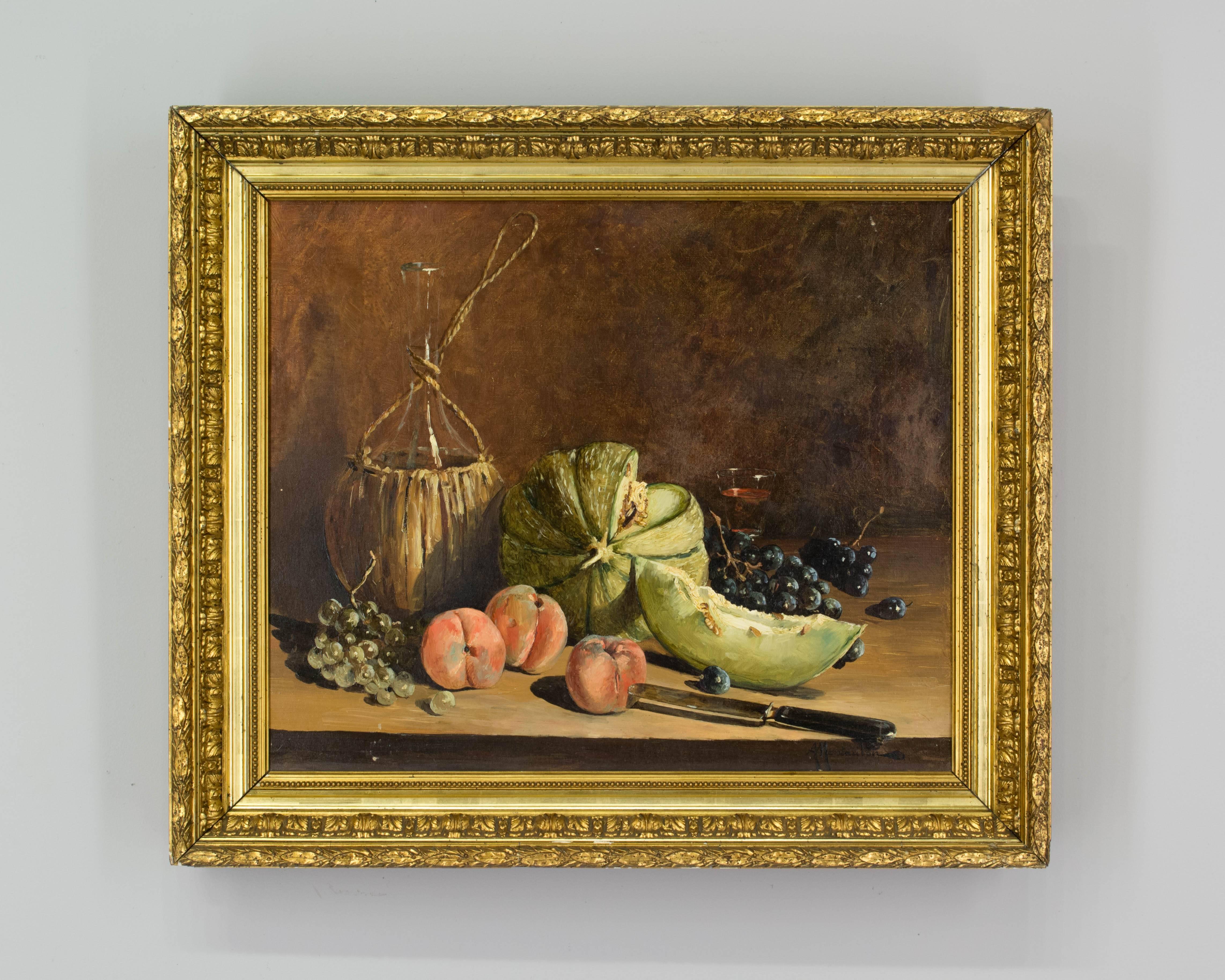 An early 20th century French still life painting by Alexandre Montaulon entitled Le Melon. Signed lower right. Oil on canvas. Gold leaf frame.