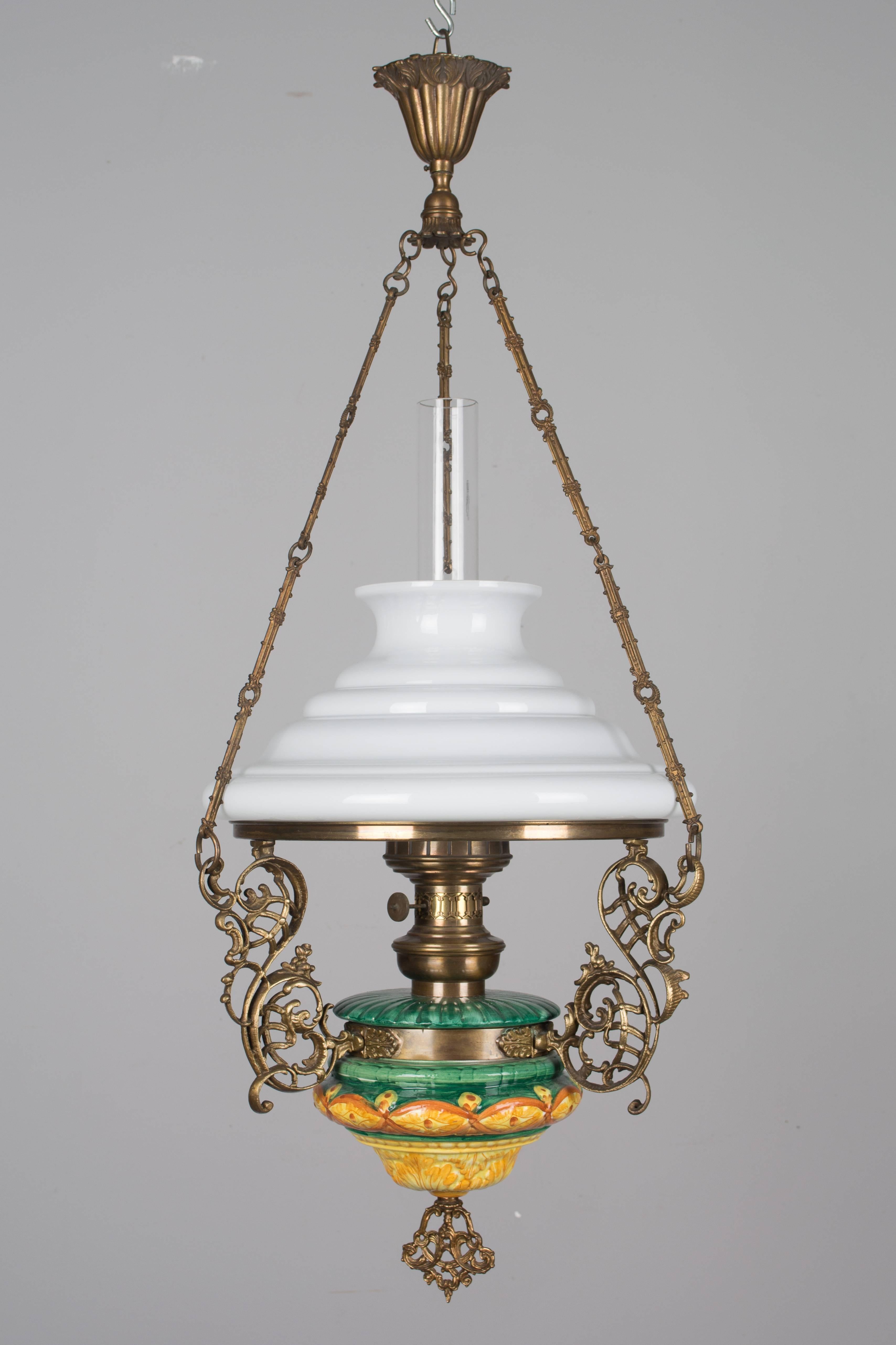 19th Century French Hanging Oil Lamp In Excellent Condition In Winter Park, FL