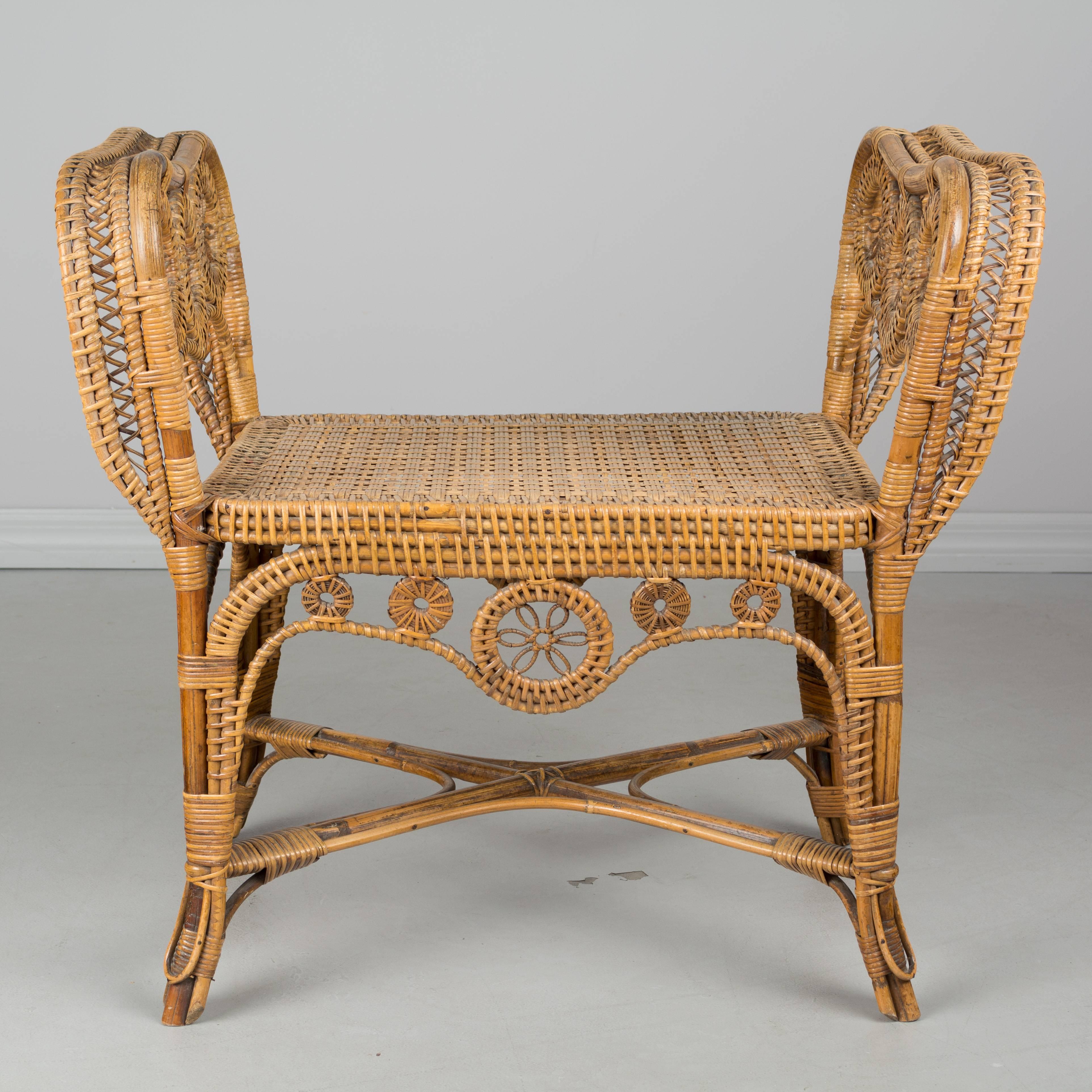 French Provincial 19th Century, French Wicker Bench by Perret & Vibert