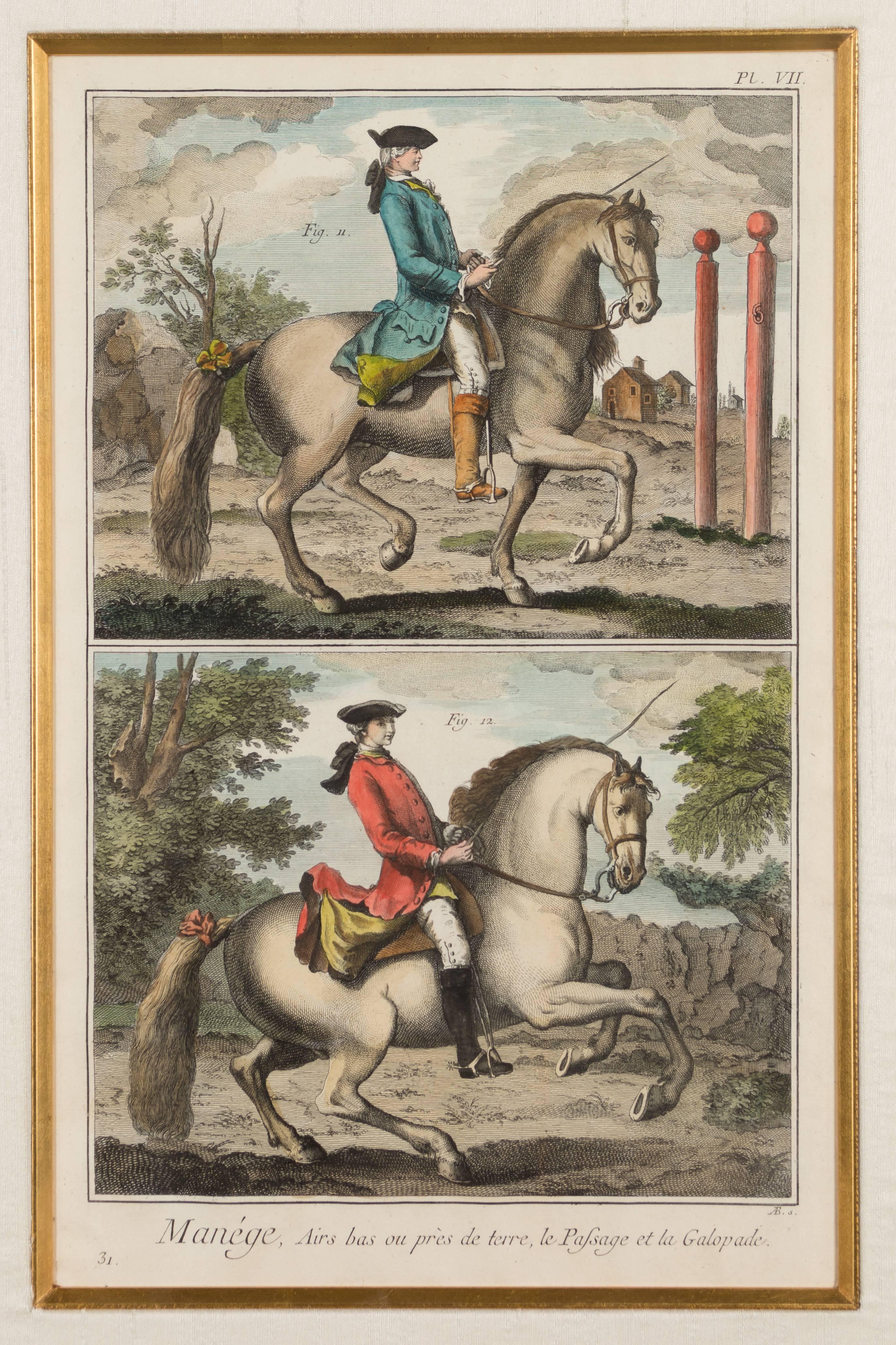 A fine 18th century French copper engraving, hand colored at a later dale. Two postures depicted: Passage and Galopade. Custom framed.
More photos available upon request. We have a large selection of French antiques. Please visit our showroom in