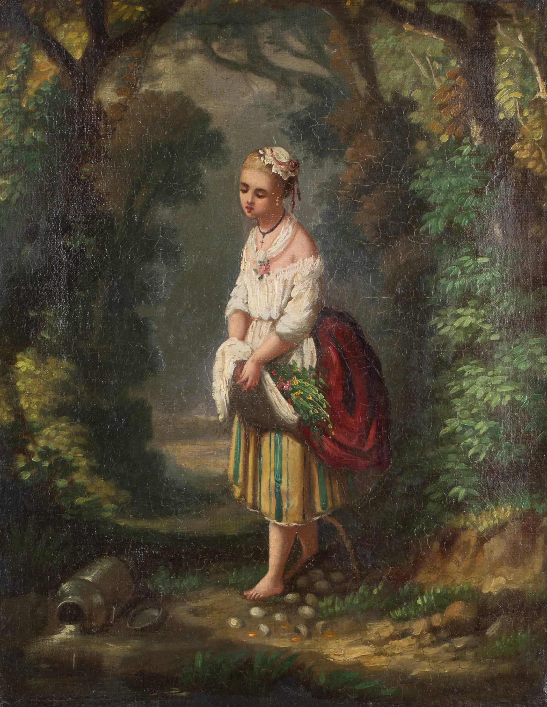 French oil on canvas depicting a young maiden with a spilled pail of milk and broken eggs on the ground at her feet. Inscription on the back of canvas: Souvenir de Tante Isle à Jacqueline,1936. Painting is in good condition with vibrant color. The