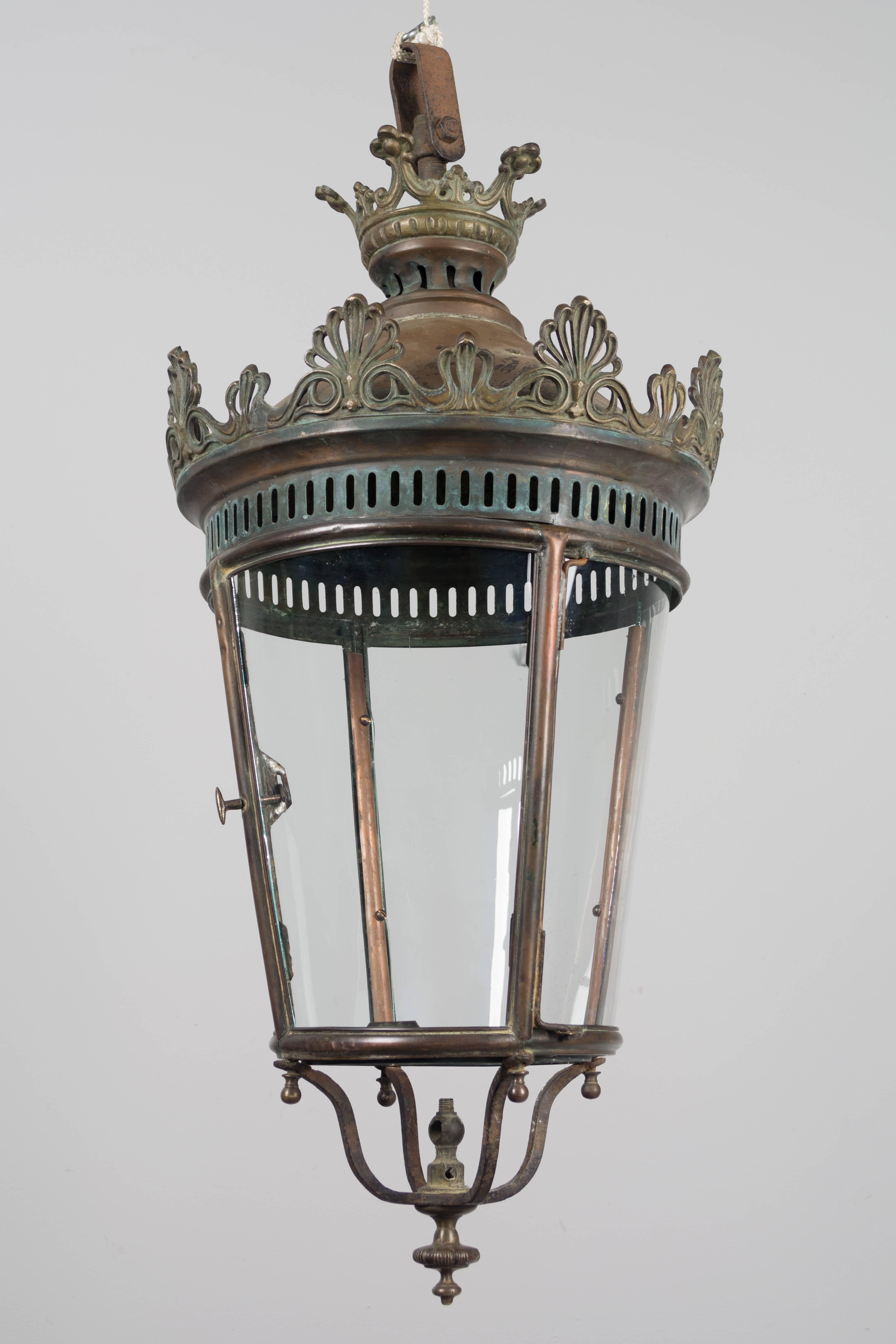 Glass 19th Century French Bronze and Copper Lantern