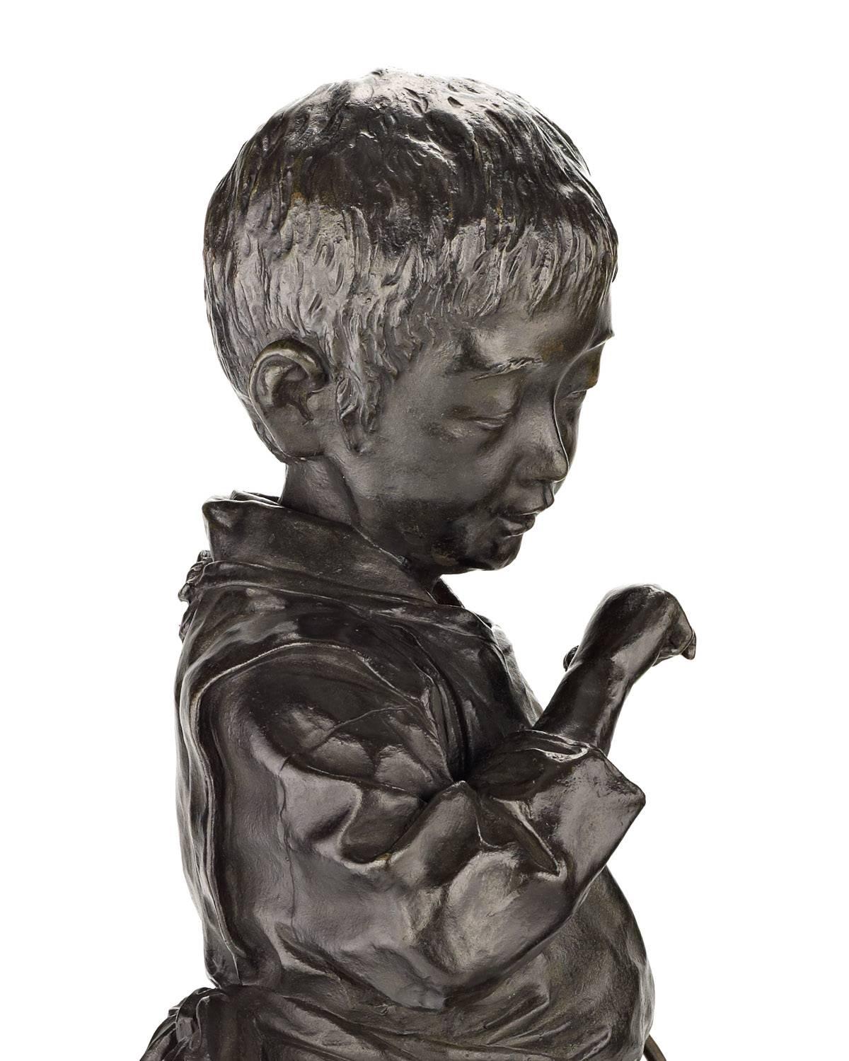 Meiji 19th Century Japanese Bronze Sculpture of a Boy and His Dog