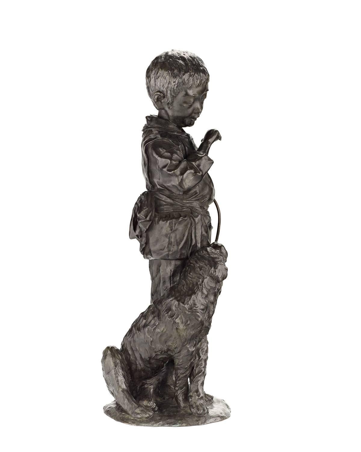 19th Century Japanese Bronze Sculpture of a Boy and His Dog In Excellent Condition In Winter Park, FL