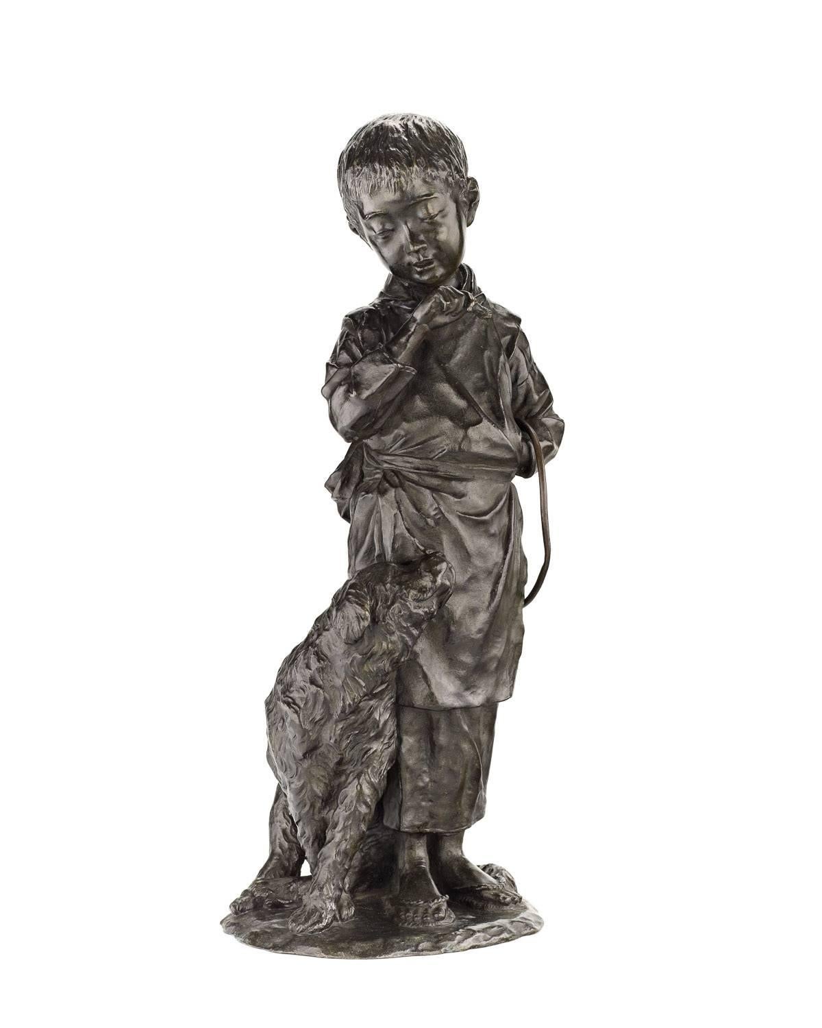 20th Century 19th Century Japanese Bronze Sculpture of a Boy and His Dog