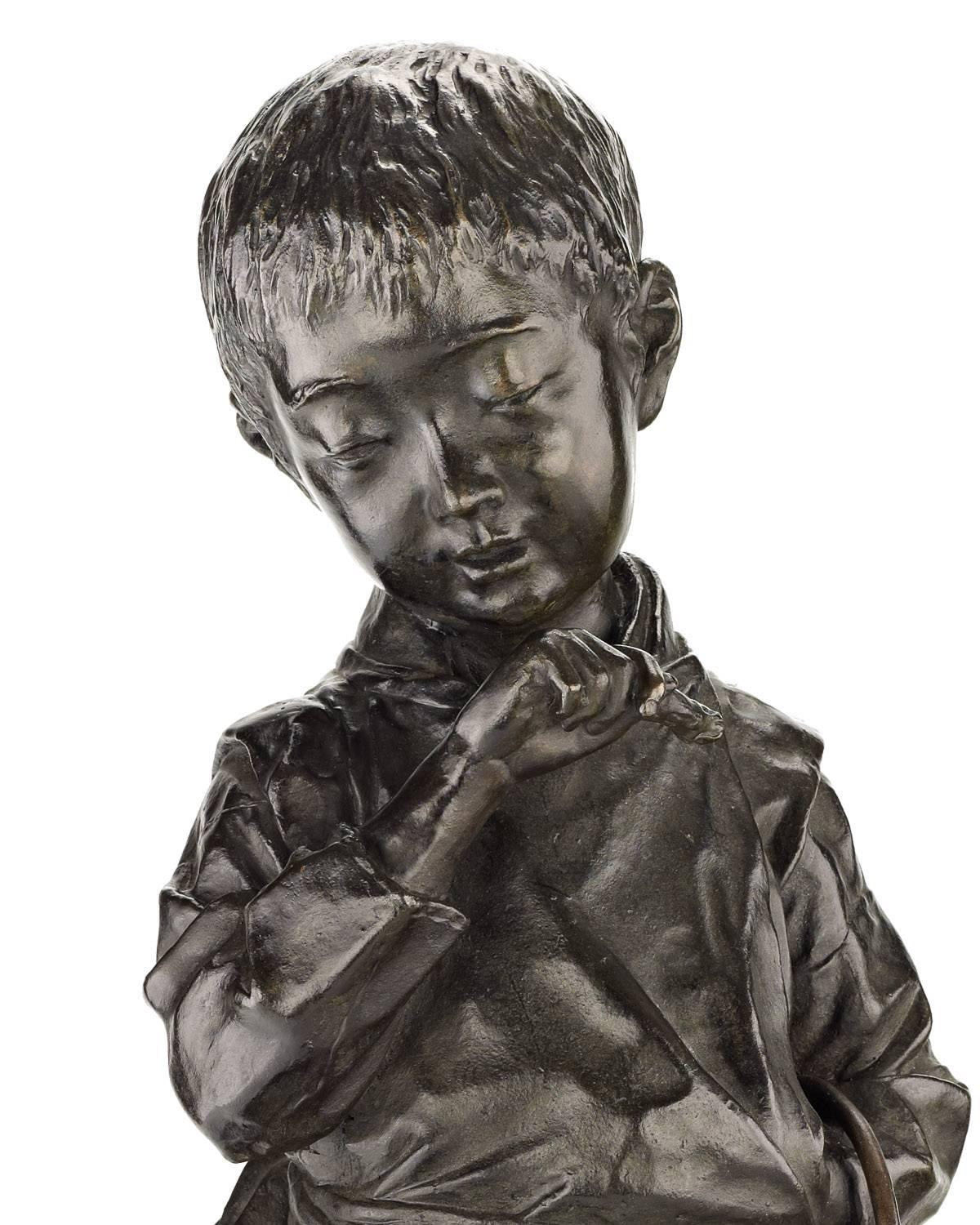 19th Century Japanese Bronze Sculpture of a Boy and His Dog 2