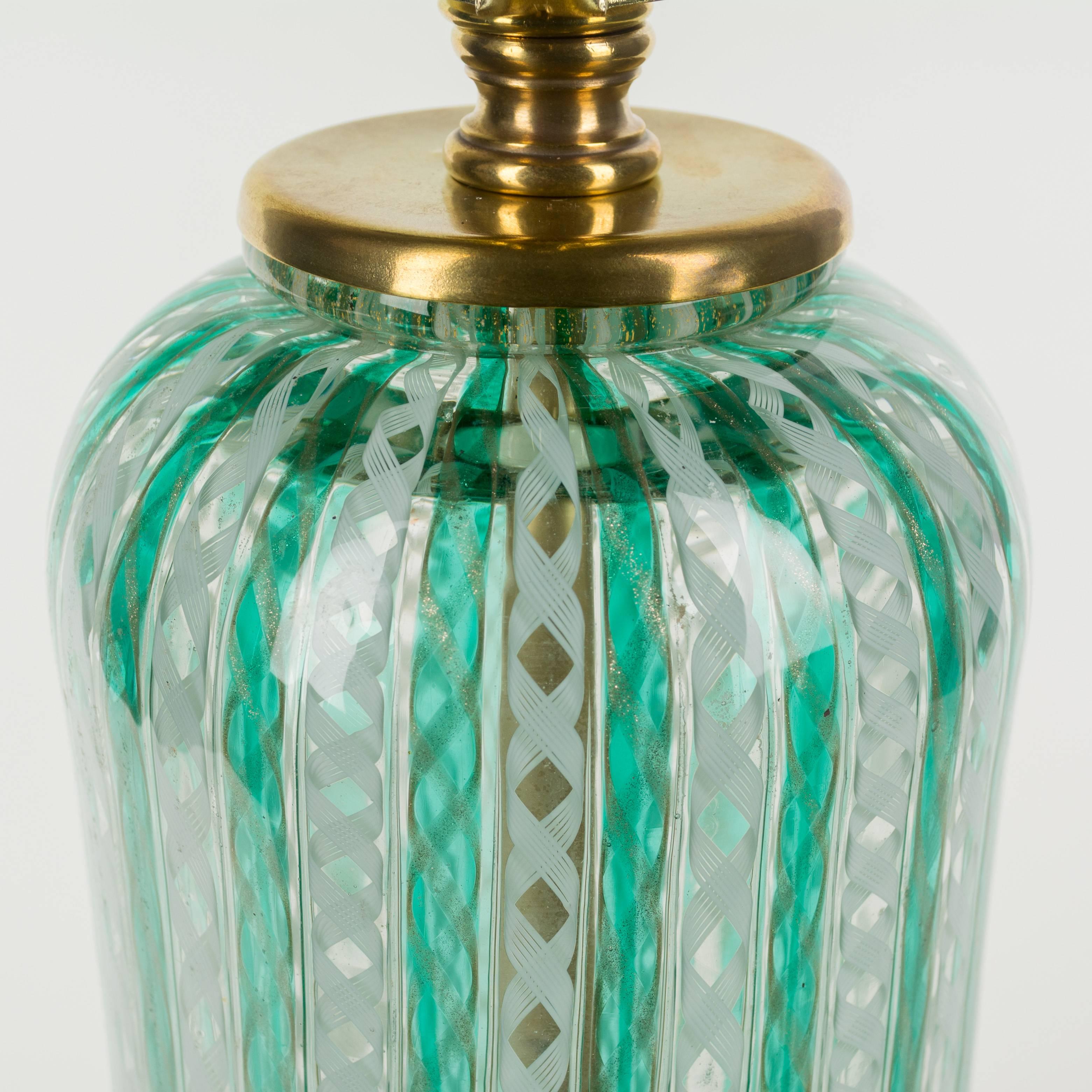 20th Century Pair of Murano Latticino Glass Lamps
