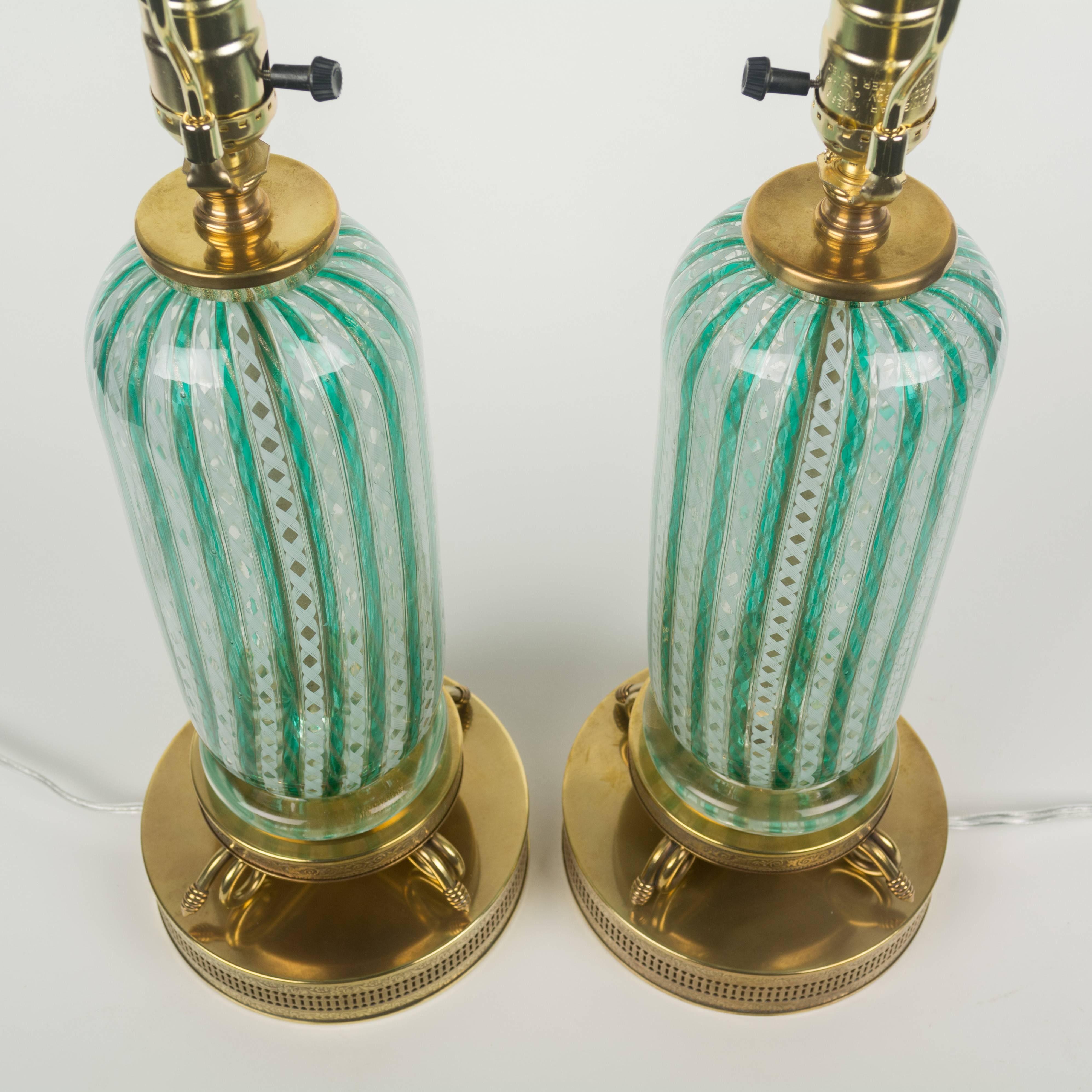 Italian Pair of Murano Latticino Glass Lamps