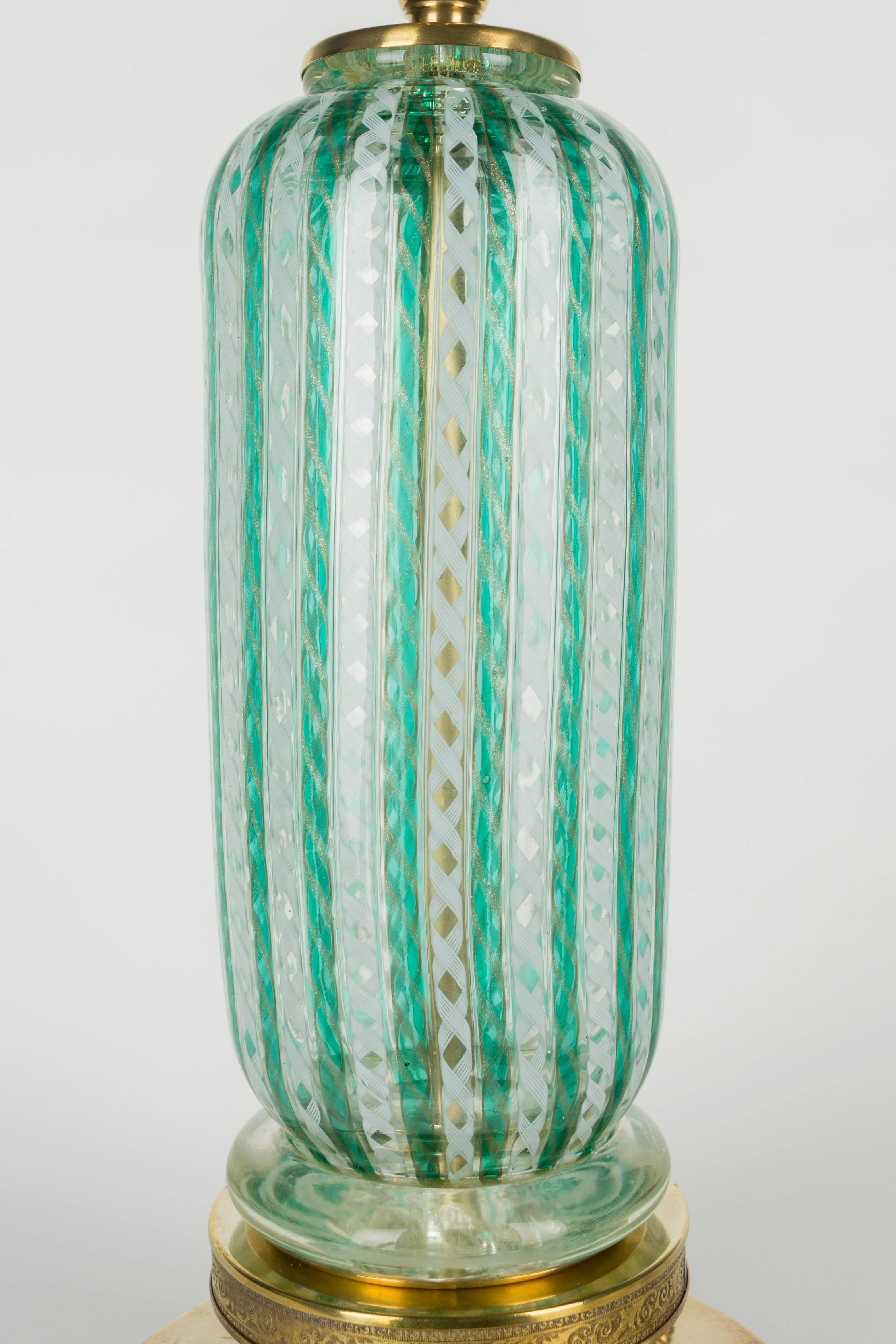 Hand-Crafted Pair of Murano Latticino Glass Lamps