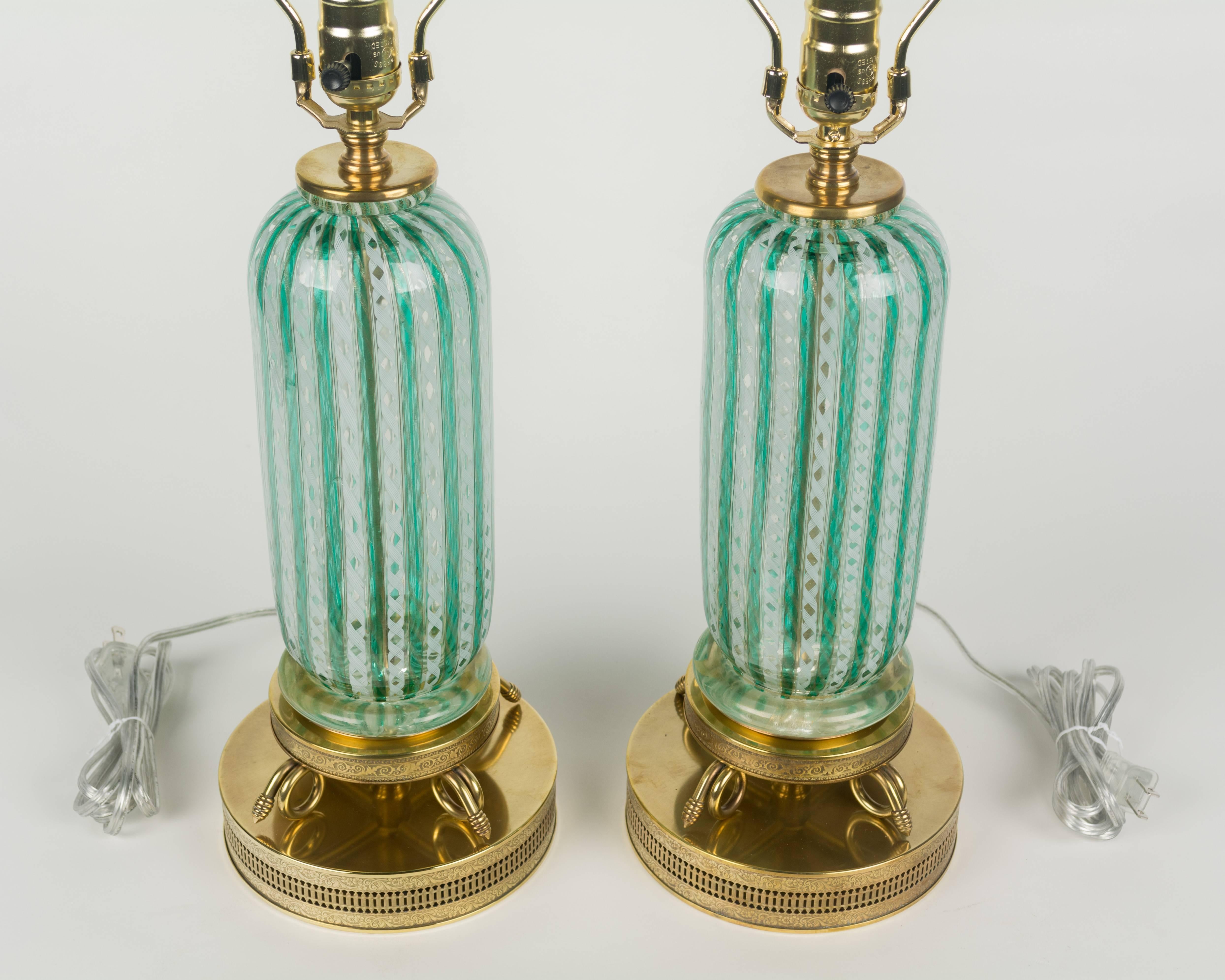 Mid-Century Modern Pair of Murano Latticino Glass Lamps