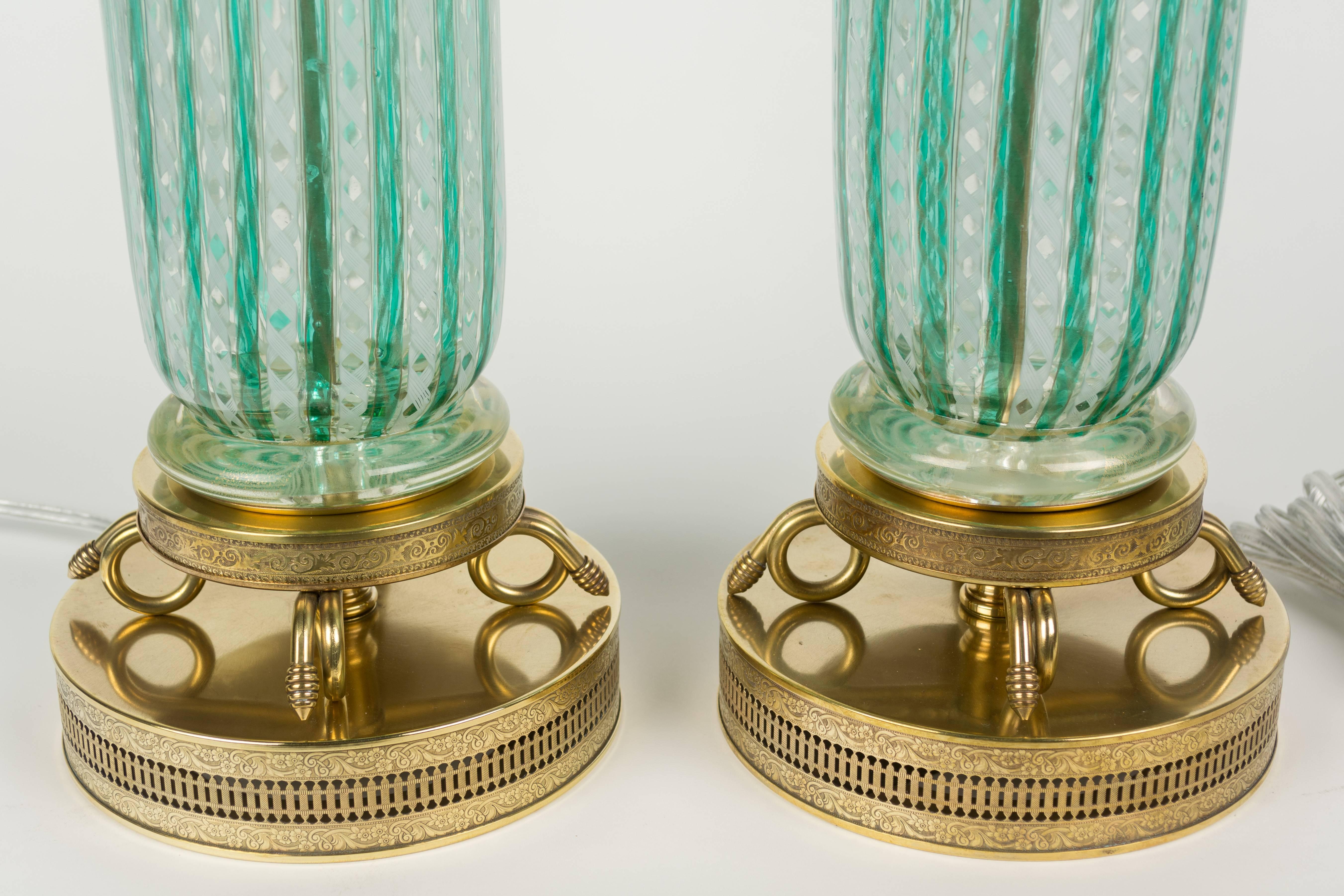 Brass Pair of Murano Latticino Glass Lamps