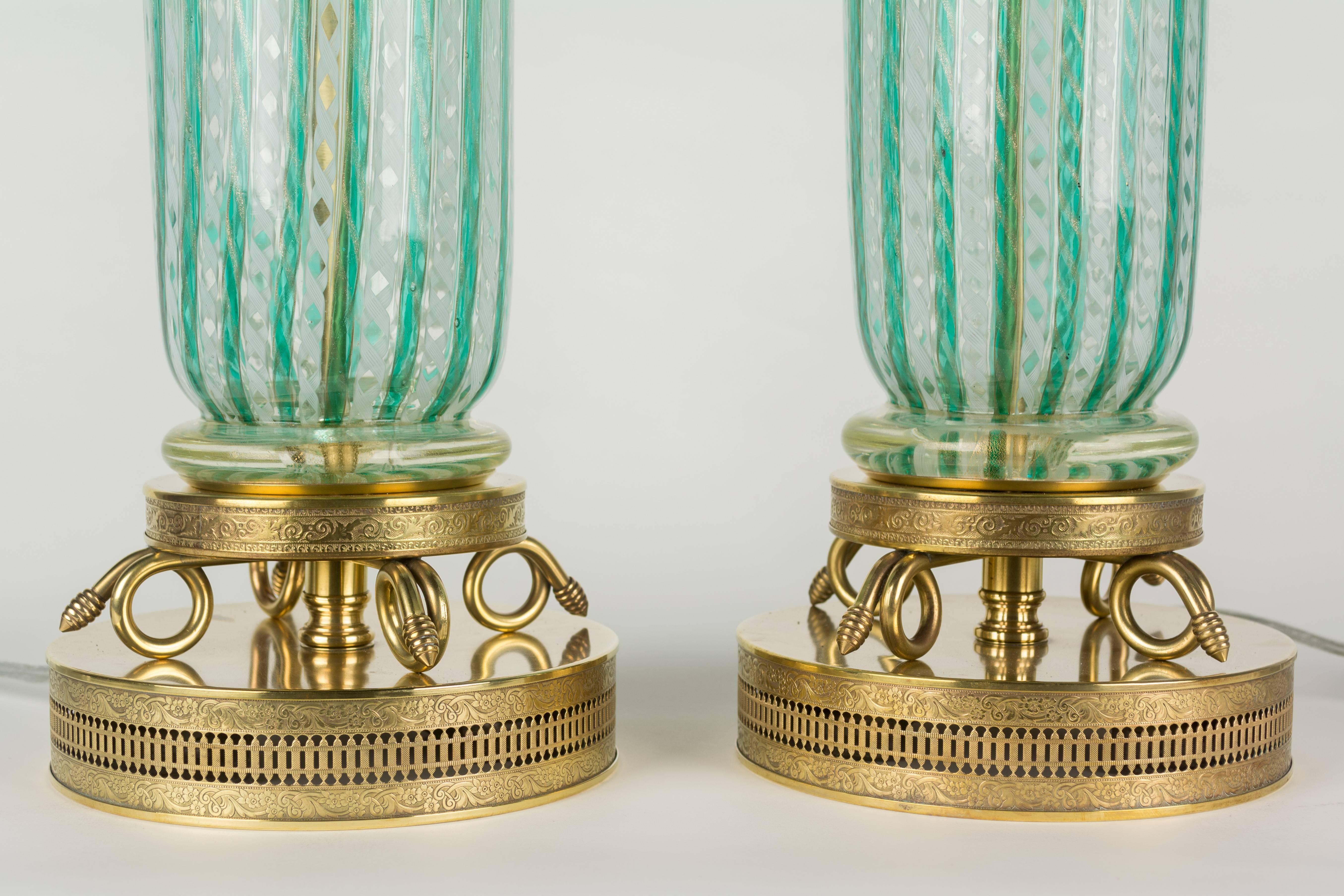 Pair of Murano Latticino Glass Lamps 1