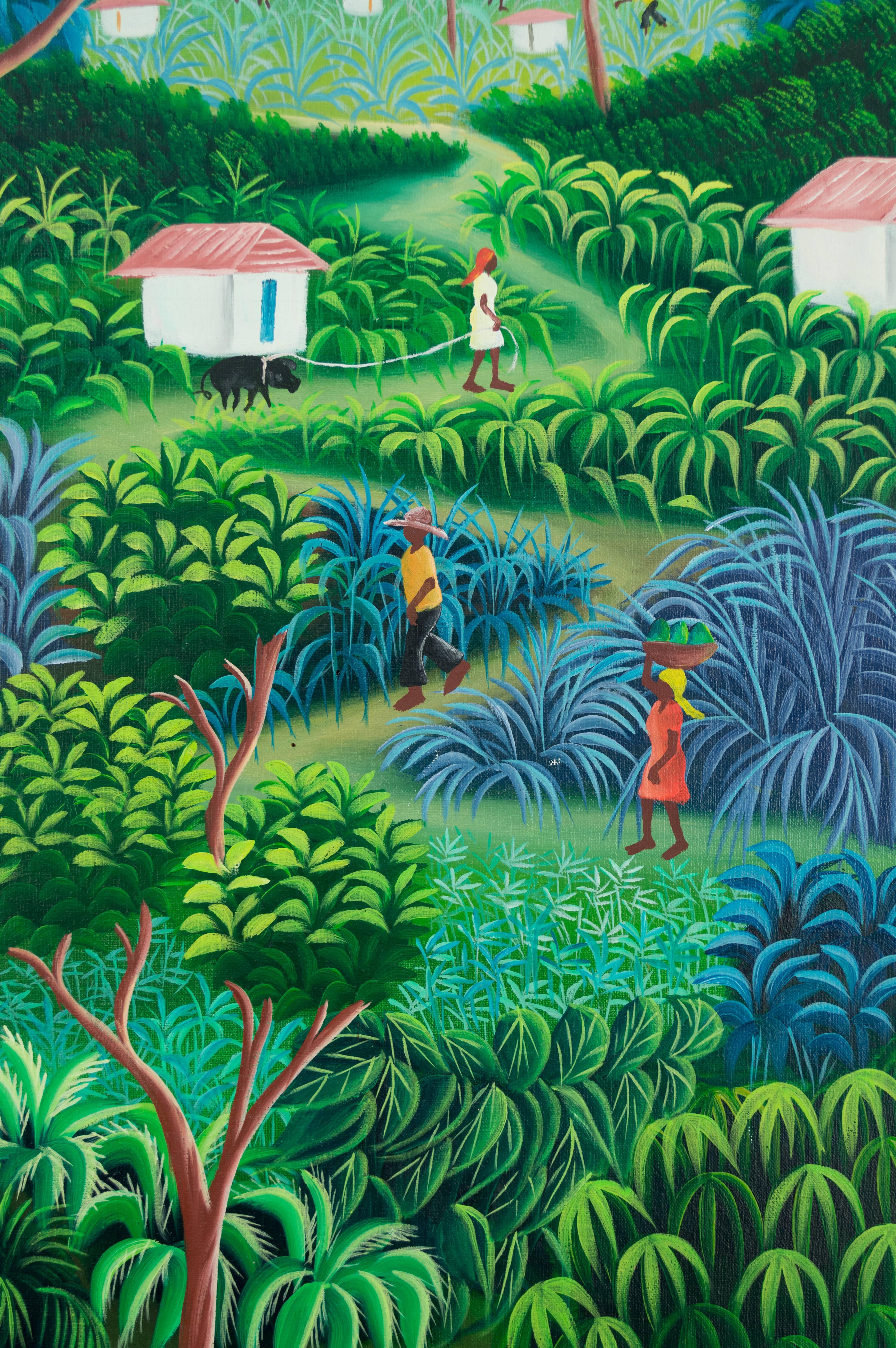 Colorful painting on canvas by Haitian artist Jean St. Fleur depicting villagers in a lush tropical landscape. Unusual tall vertical format and bright, vivid colors. Framed in a simple wood gallery frame. 
 More photos available upon request. 
 