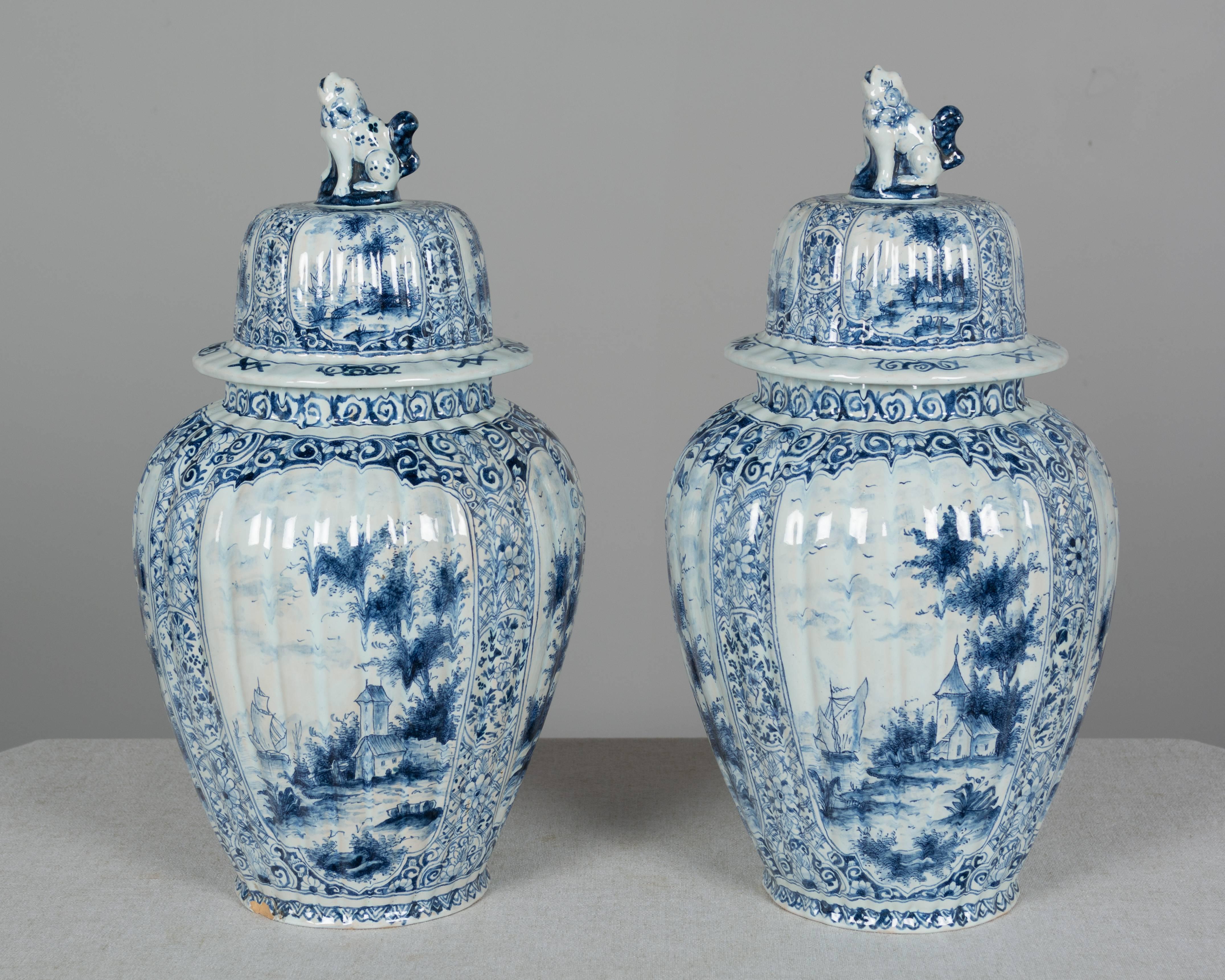 Hand-Painted Pair of Delft Faience Urns