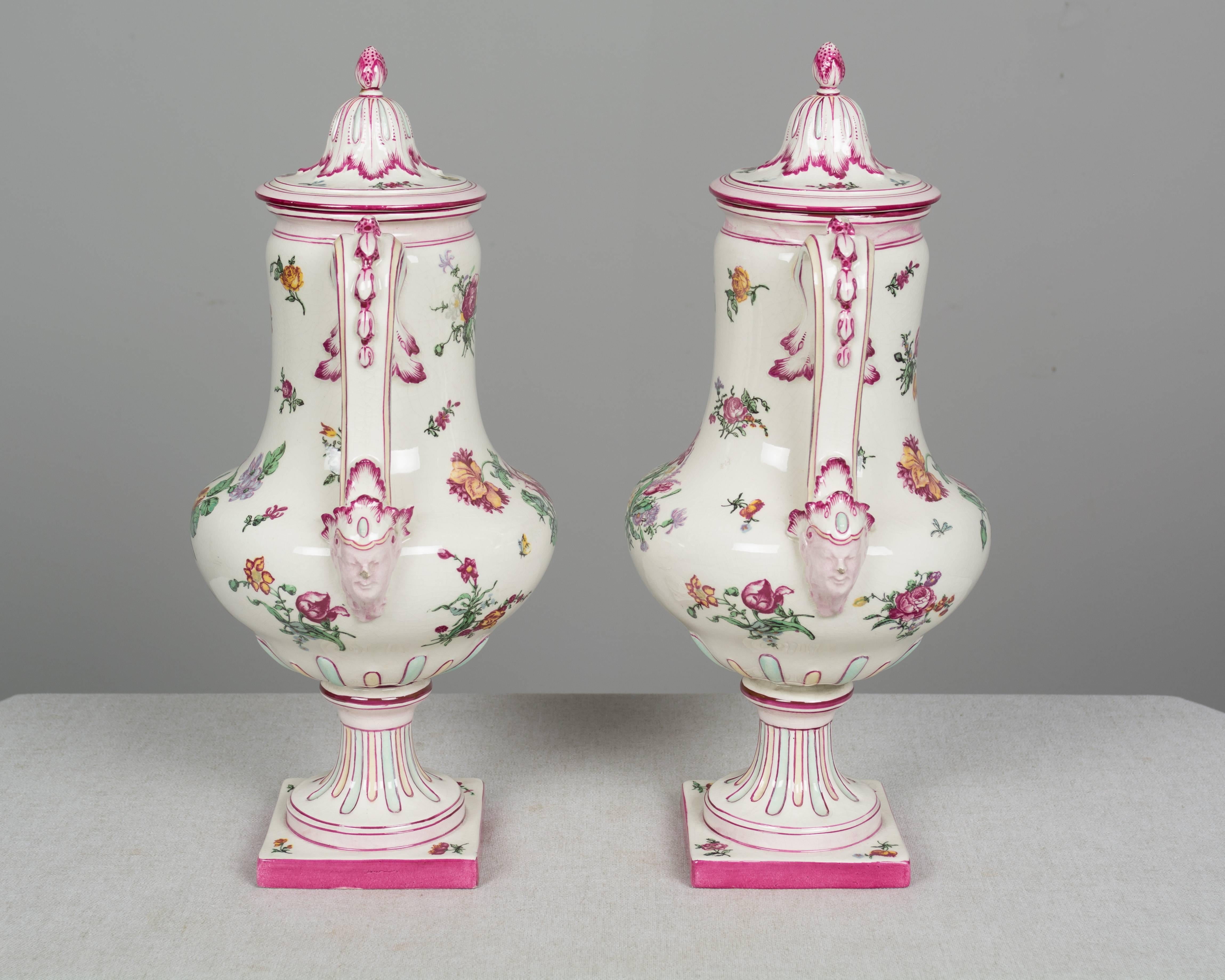 Hand-Painted Pair of 19th Century French Gien Faience Urns