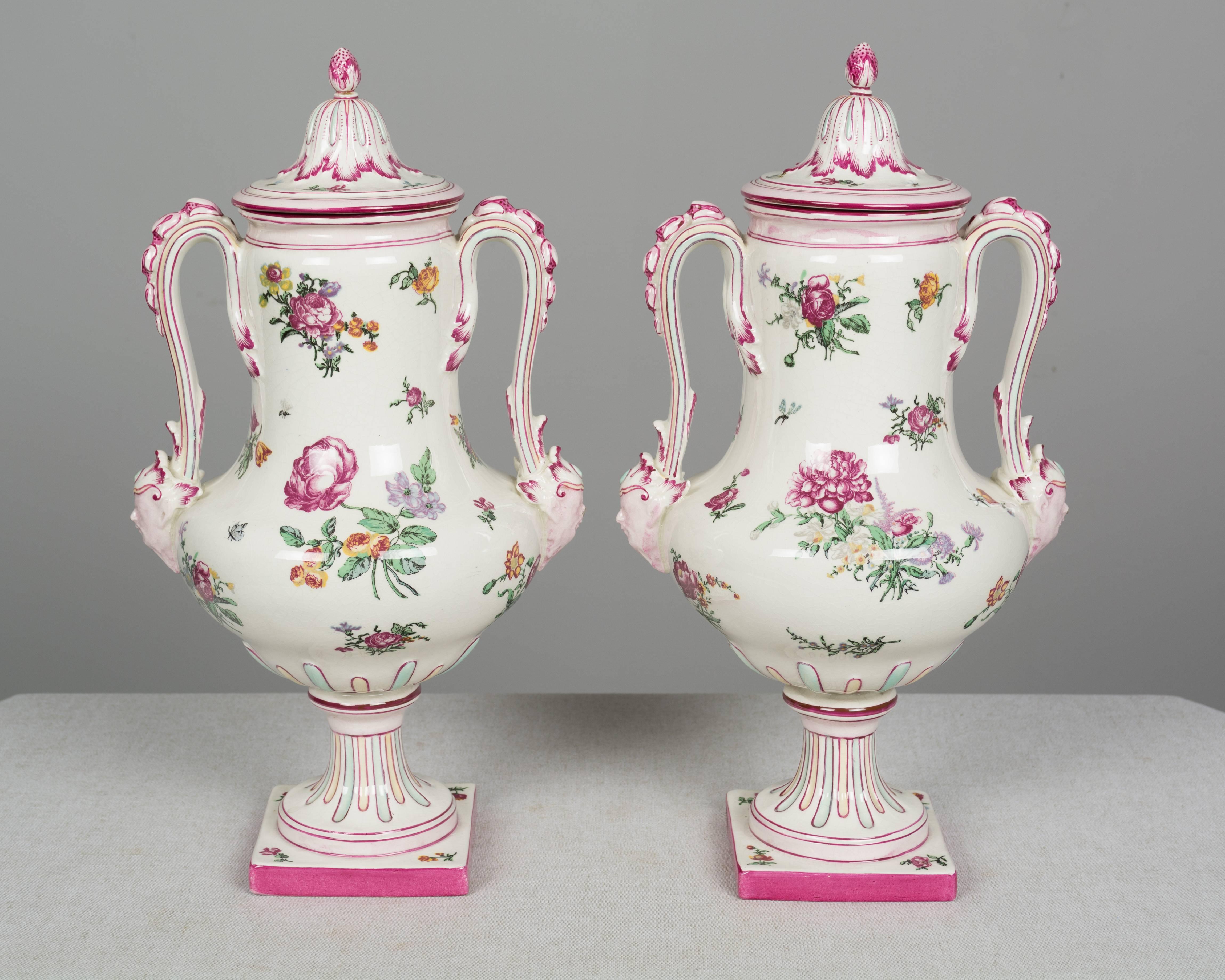 Louis XV Pair of 19th Century French Gien Faience Urns