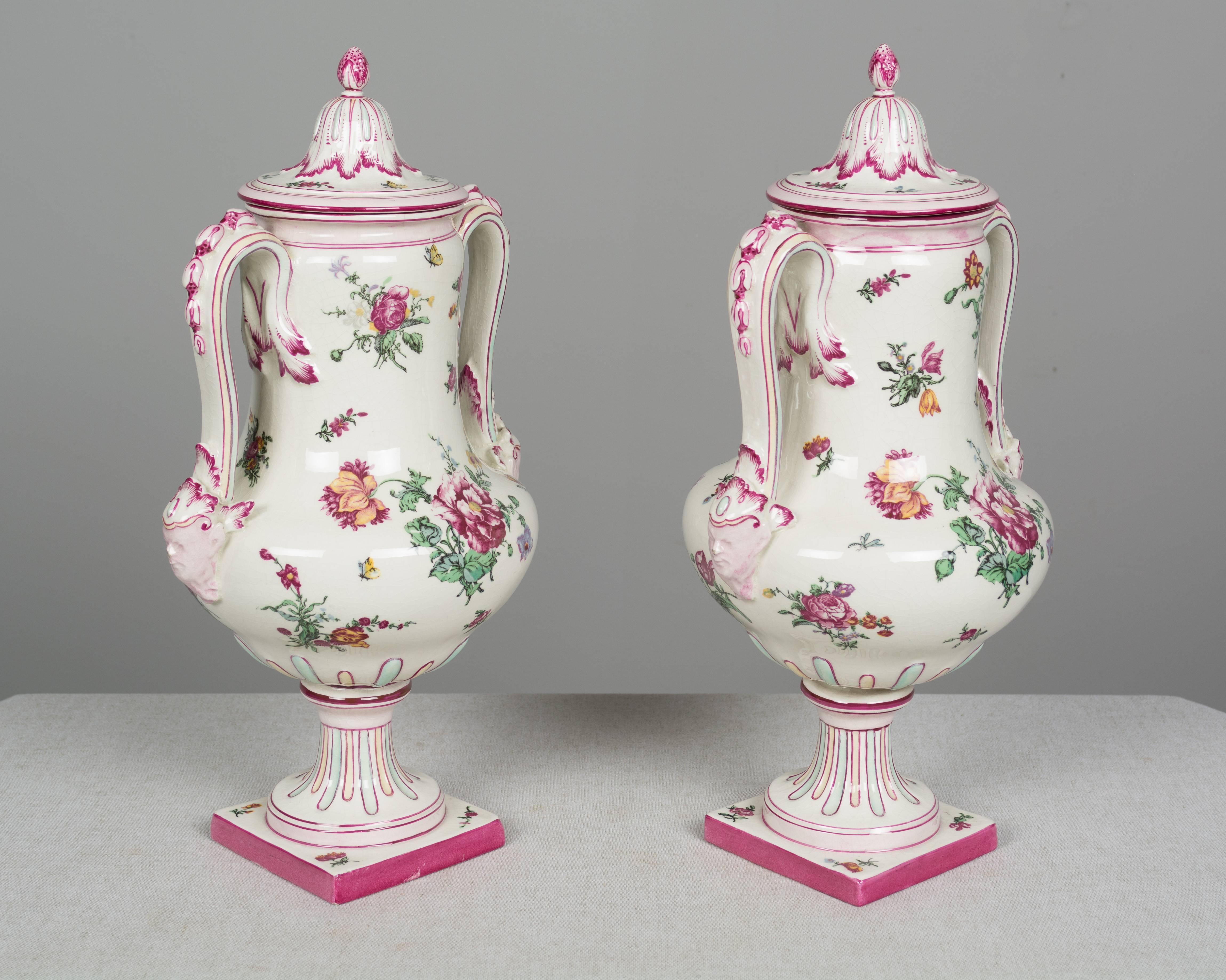 Pair of 19th Century French Gien Faience Urns In Excellent Condition In Winter Park, FL