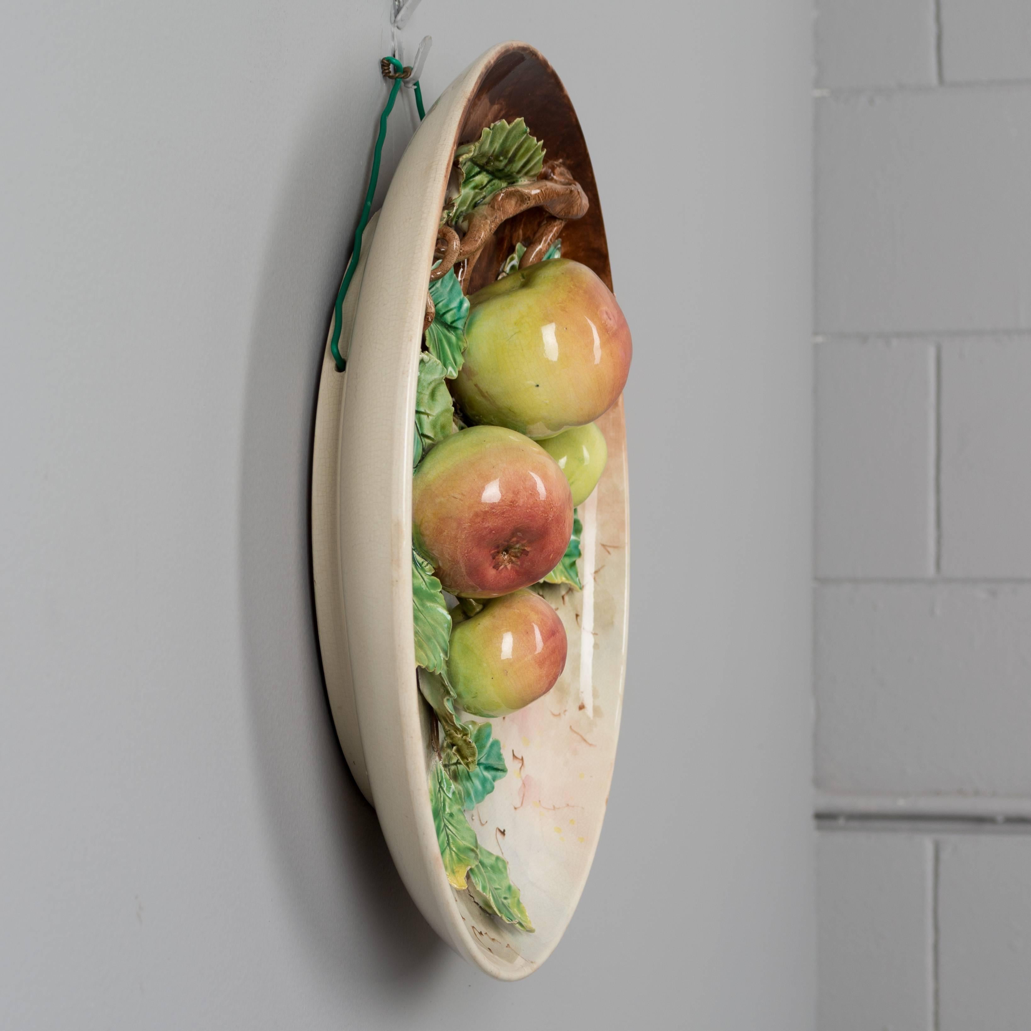 Hand-Crafted Late 19th Century French Barbotine Wall Platter with Apples