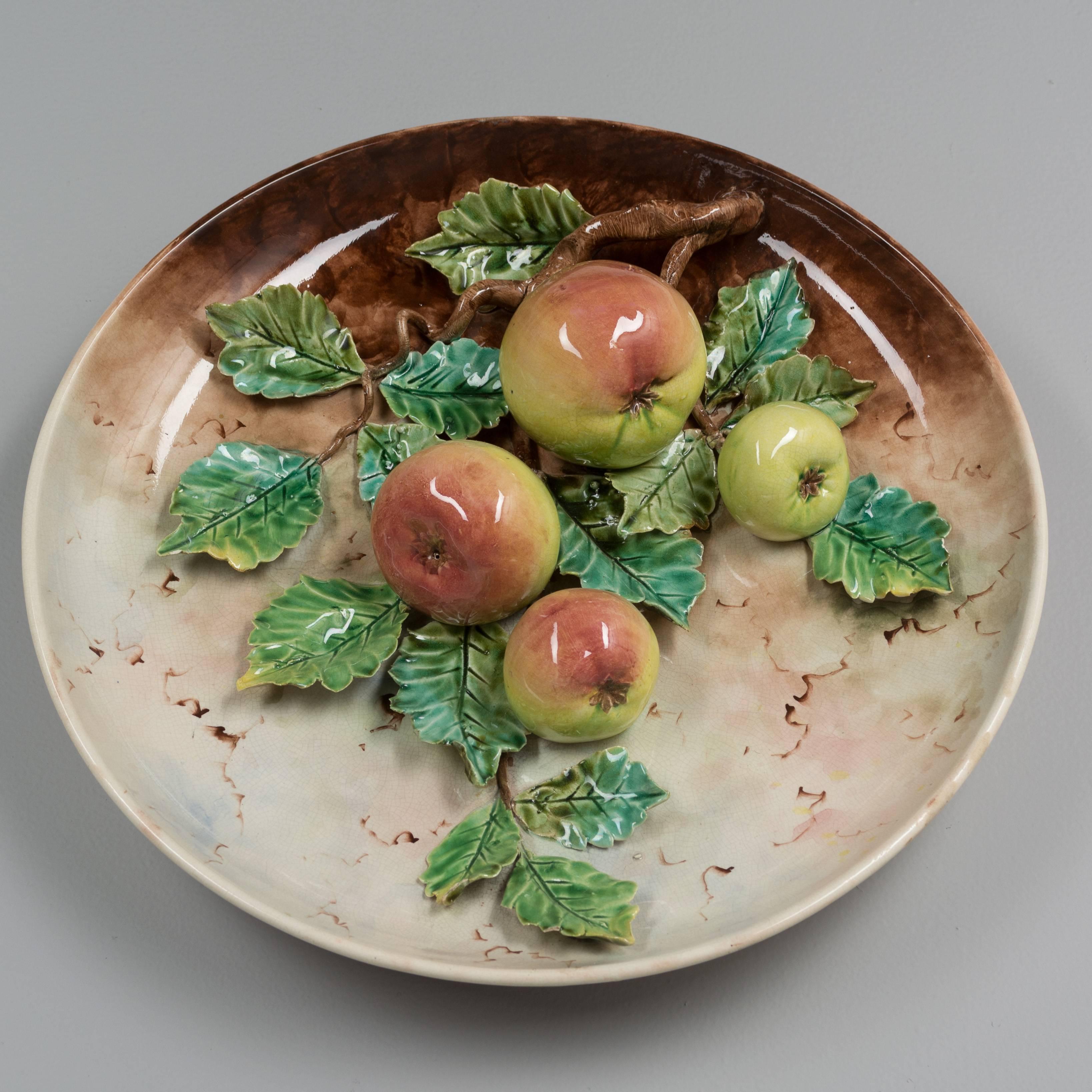 Ceramic Late 19th Century French Barbotine Wall Platter with Apples