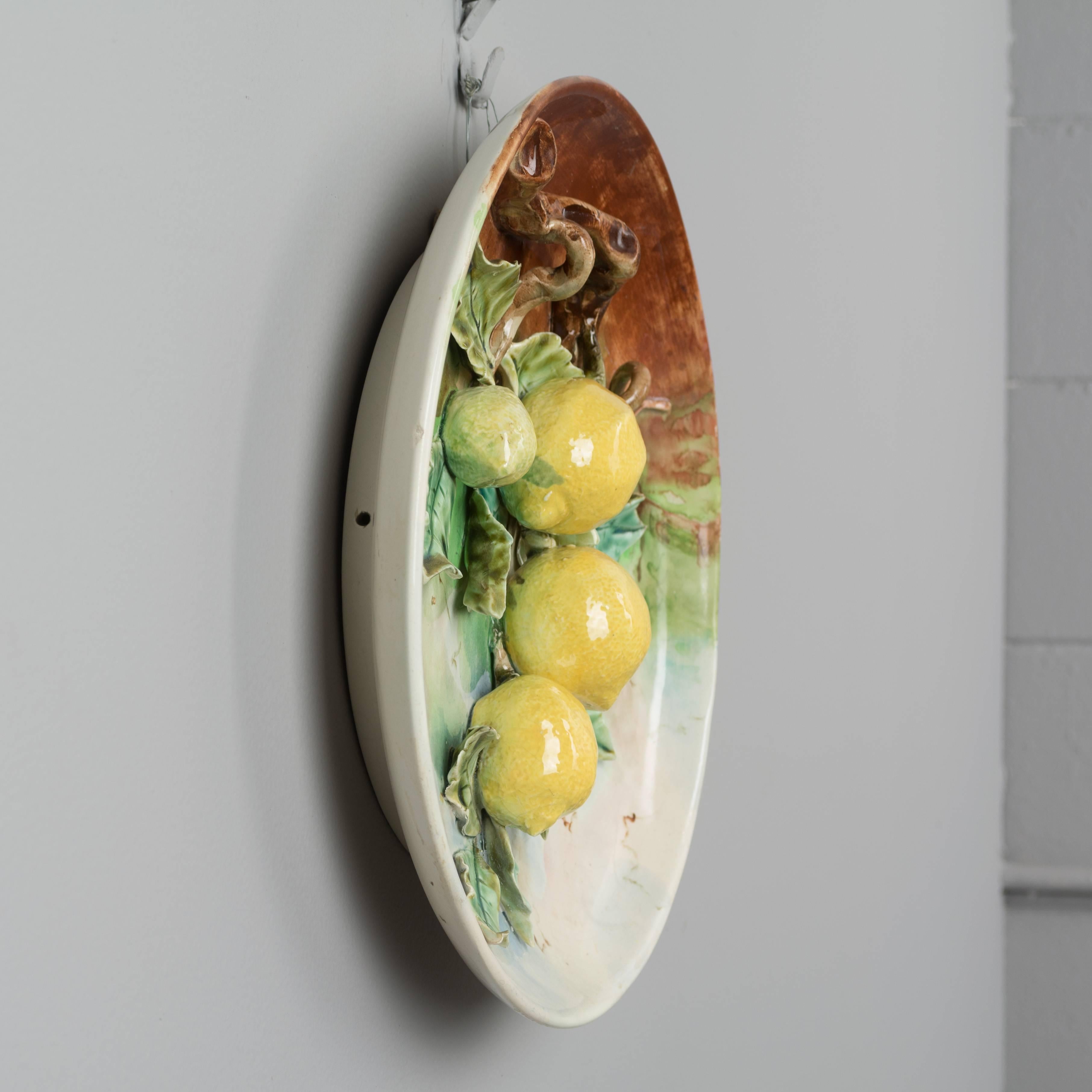 Hand-Crafted 19th Century French Barbotine Wall Platter with Lemons