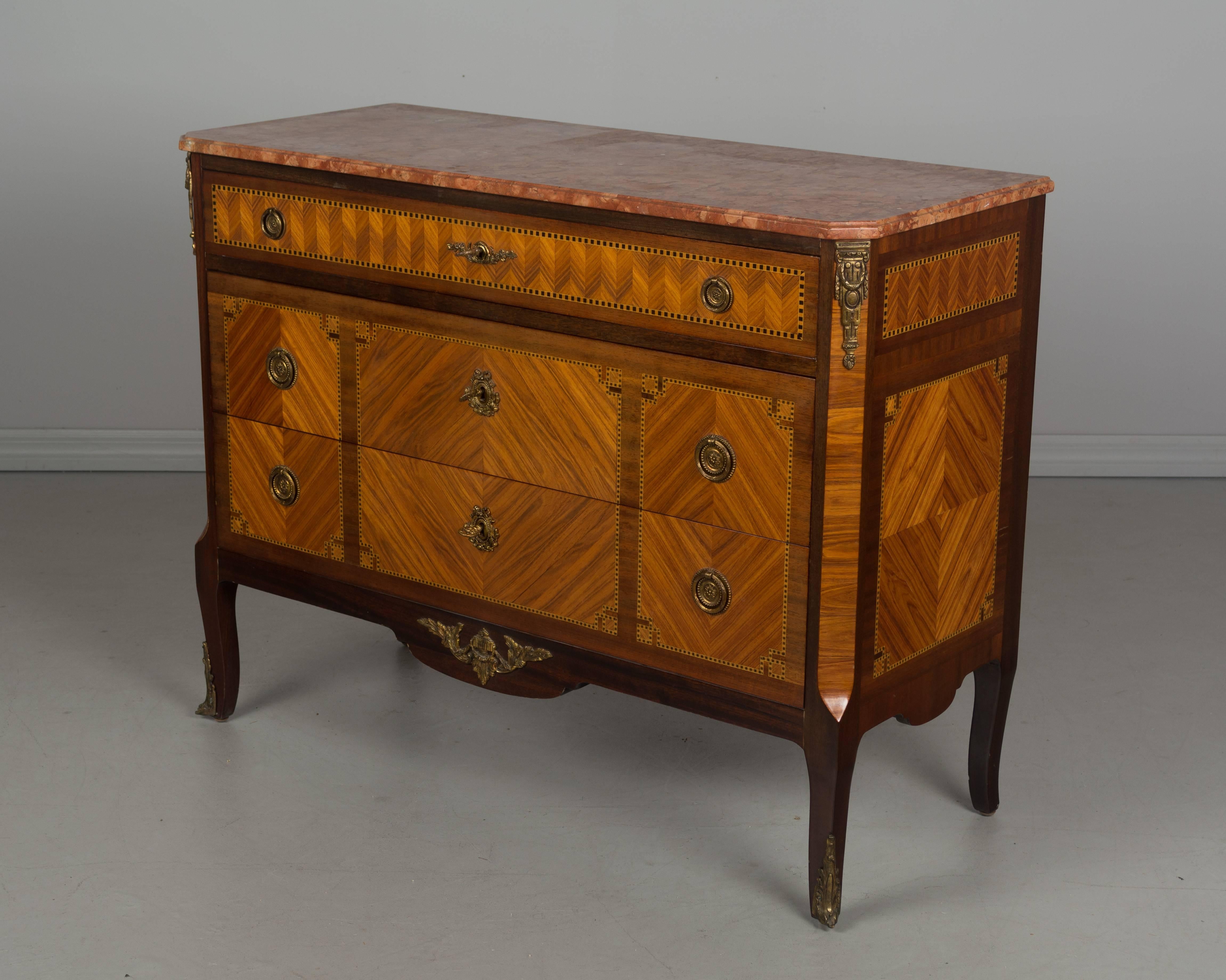 Marble Pair of Louis XVI Style Marquetry Commodes or Chest of Drawers