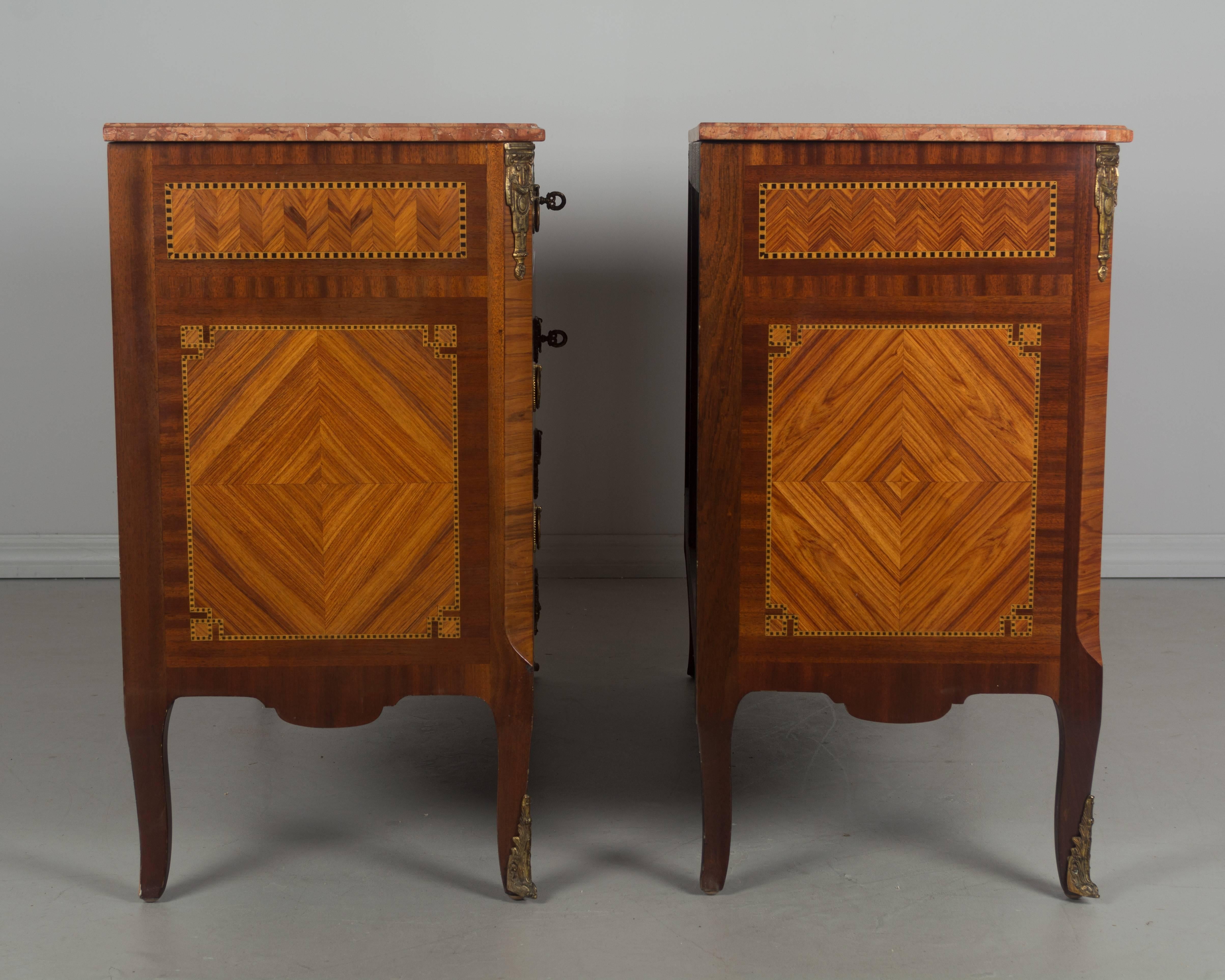 French Pair of Louis XVI Style Marquetry Commodes or Chest of Drawers
