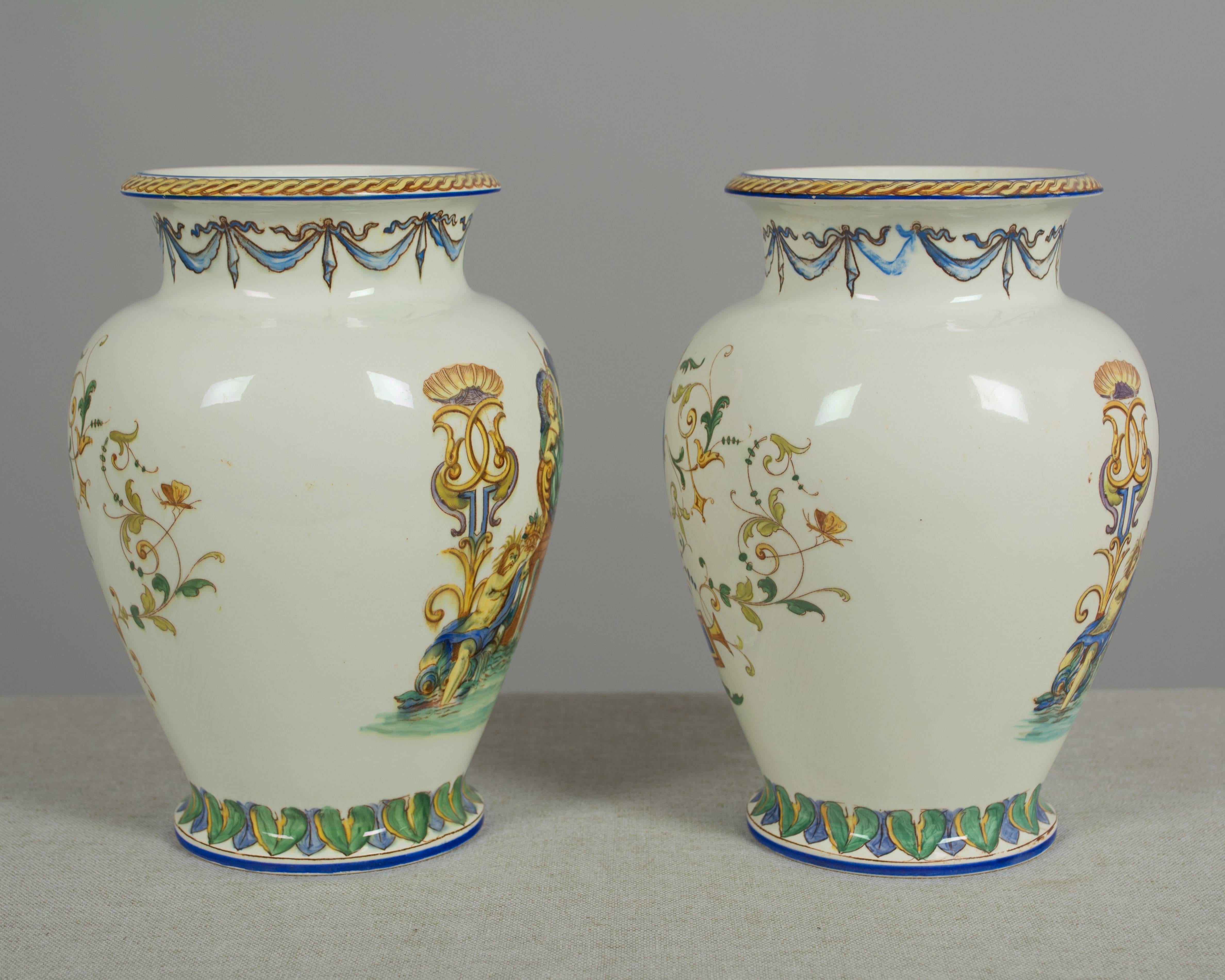 Hand-Painted Pair of French Faience Vases by Jules Vieillard For Sale