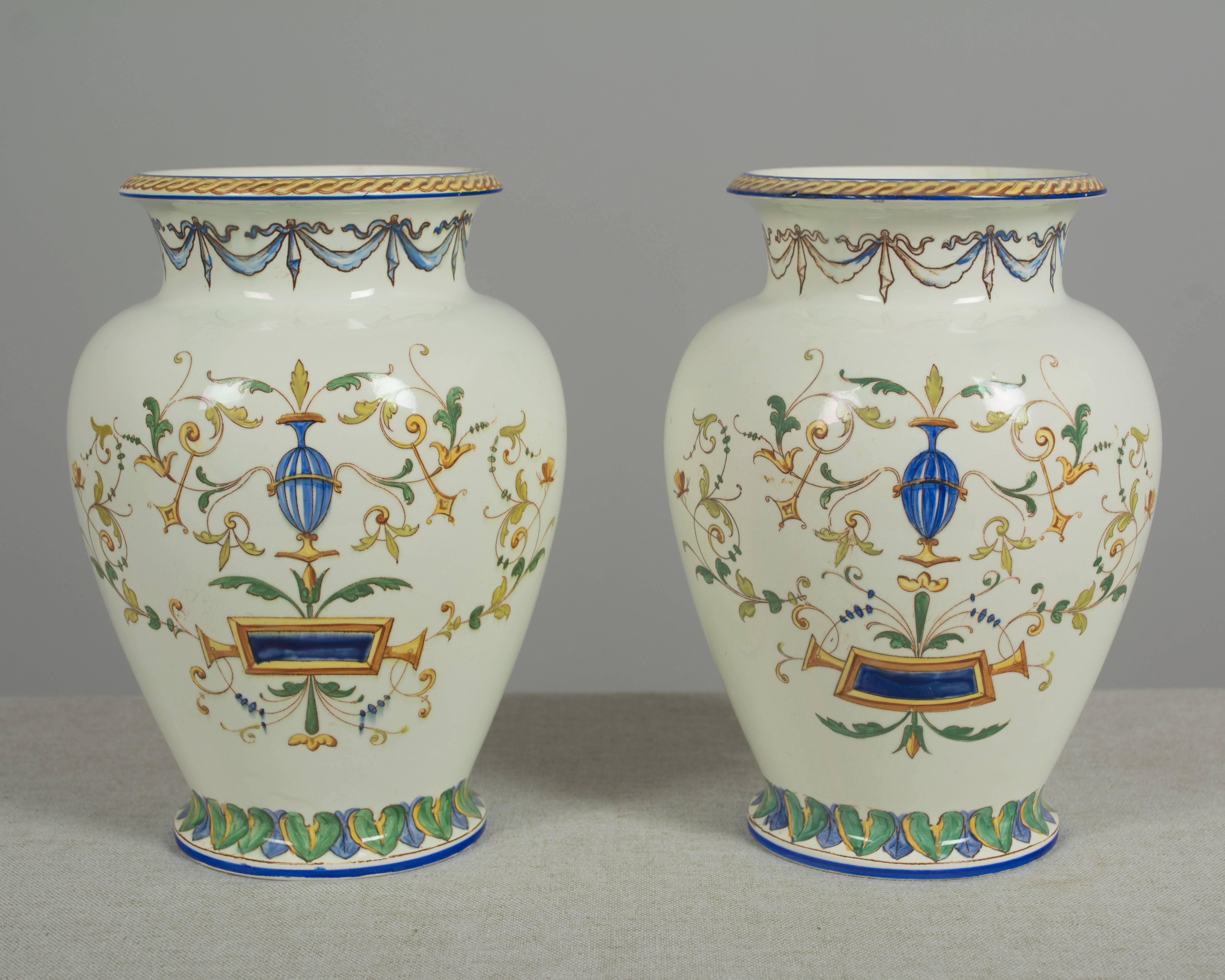 Renaissance Pair of French Faience Vases by Jules Vieillard For Sale