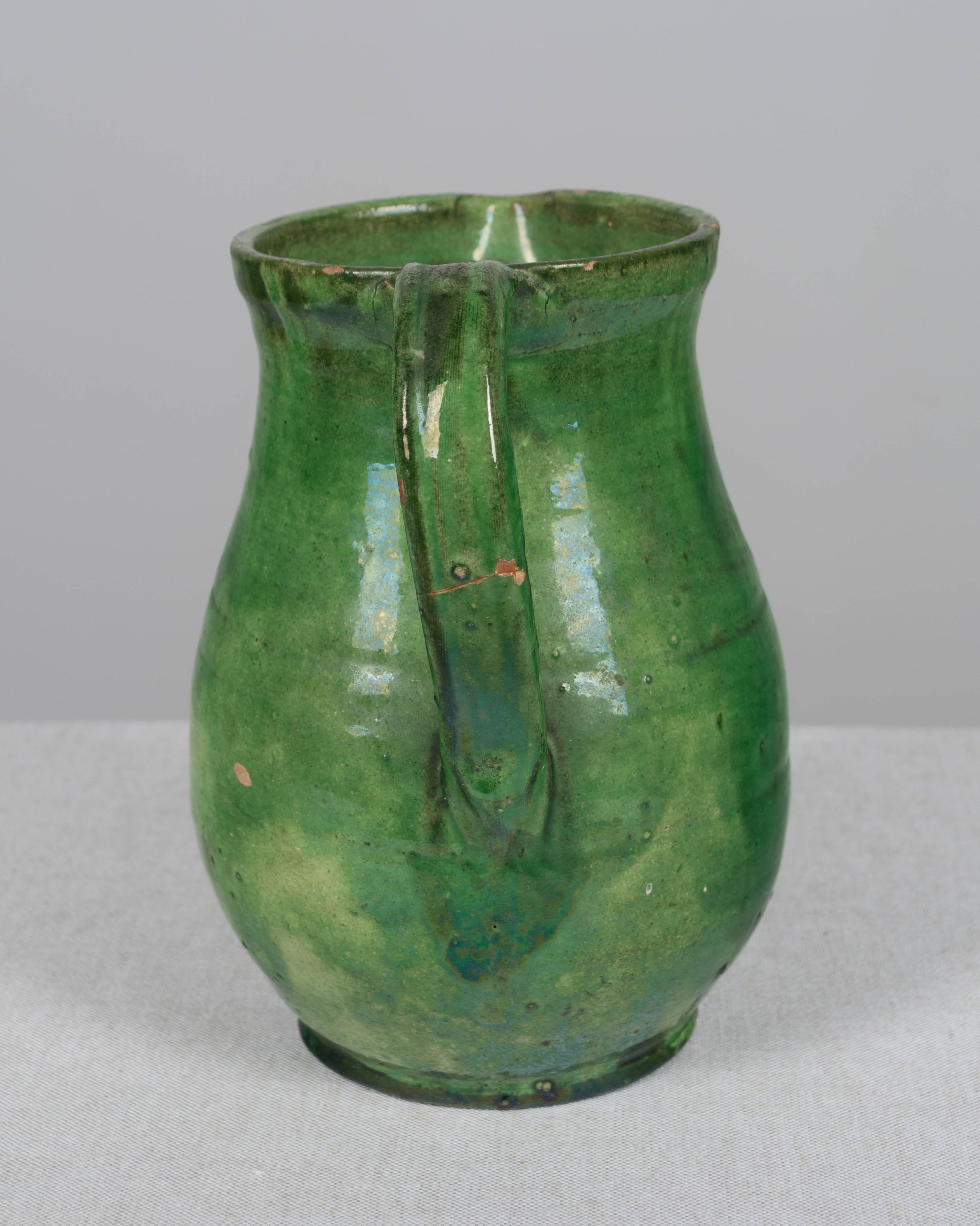 19th Century French Terracotta Pitcher with Green Glaze 1