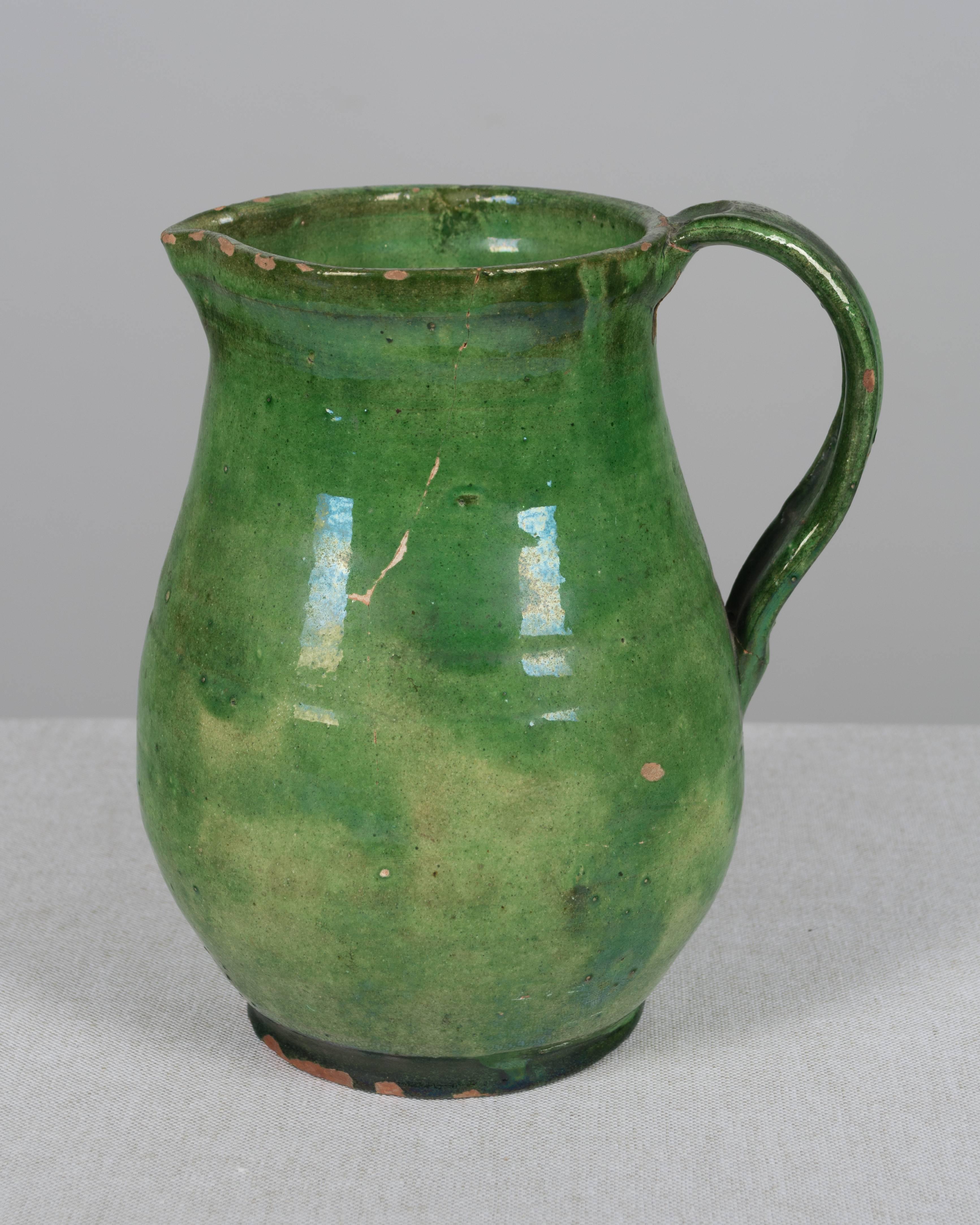 19th Century French Terracotta Pitcher with Green Glaze In Good Condition In Winter Park, FL