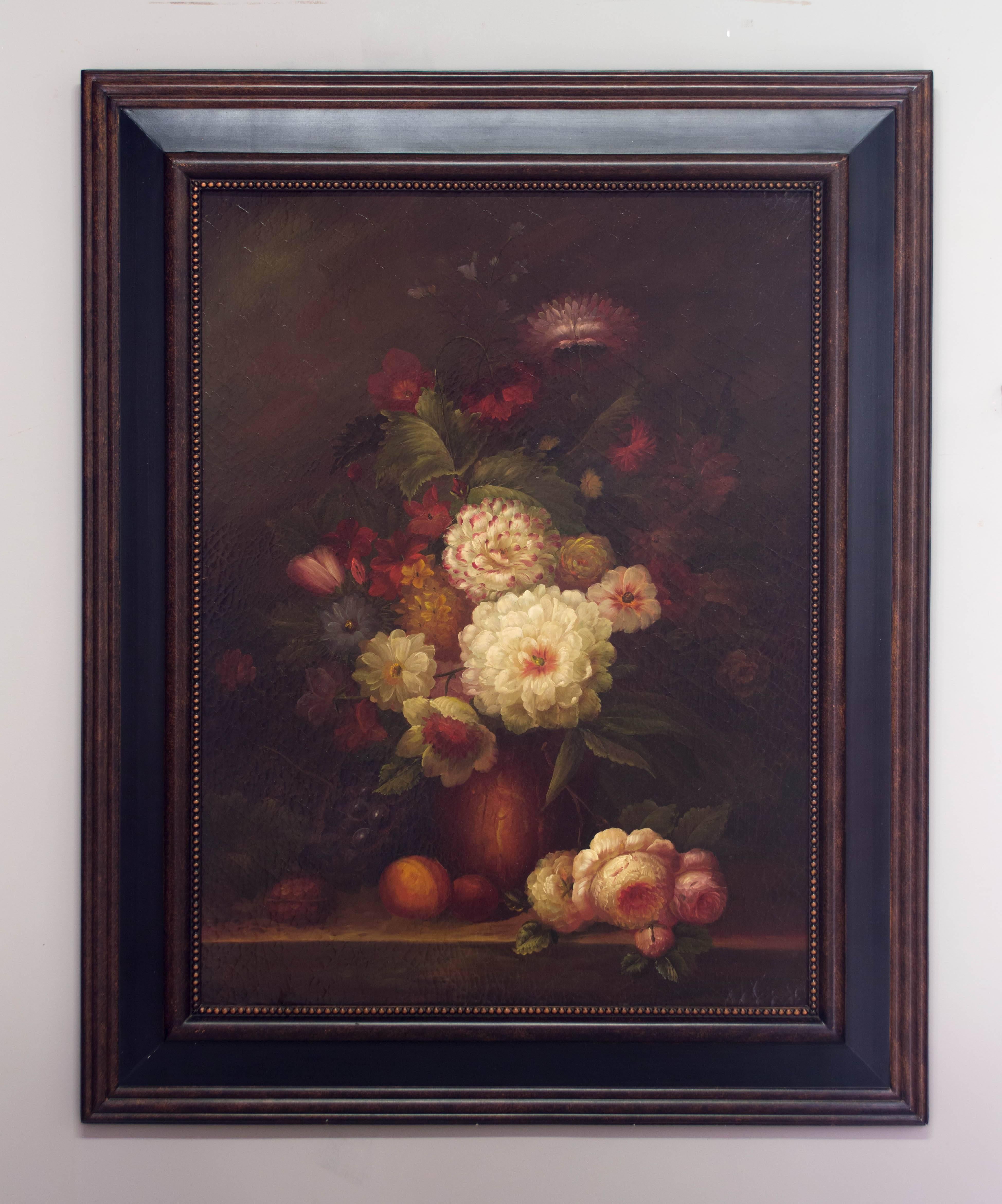 Pair of large still life paintings in the Dutch tradition with vibrantly colored, highly realistic floral bouquets against a dark background. Oil on board with craquelure throughout creating the look of an old master painting. Seven inch wide, black