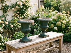 French Cast Iron Garden Urns, Medici Style, Green Patina, Circa 1900