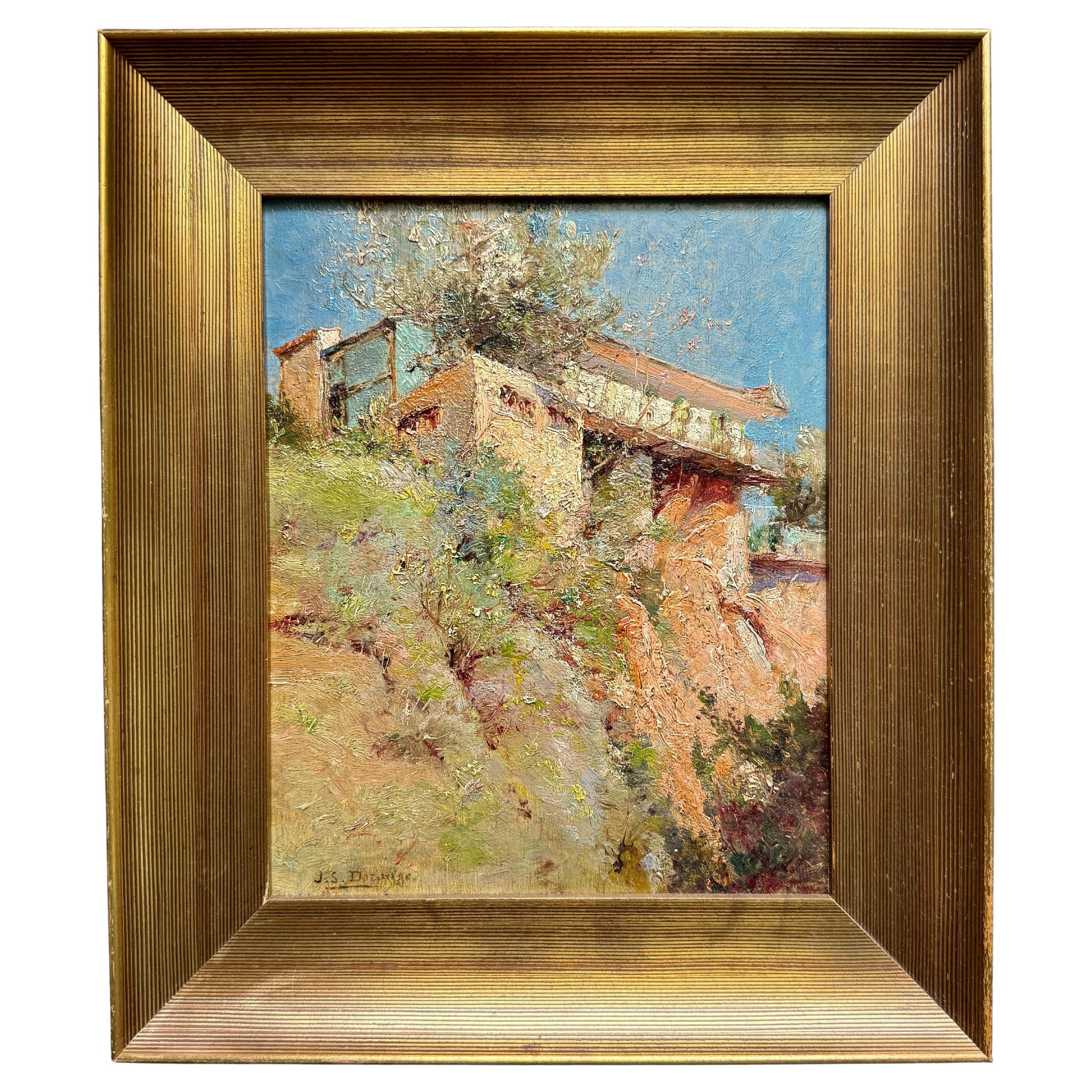 Peinture française du 19e siècle représentant une maison au bord d'une falaise en vente