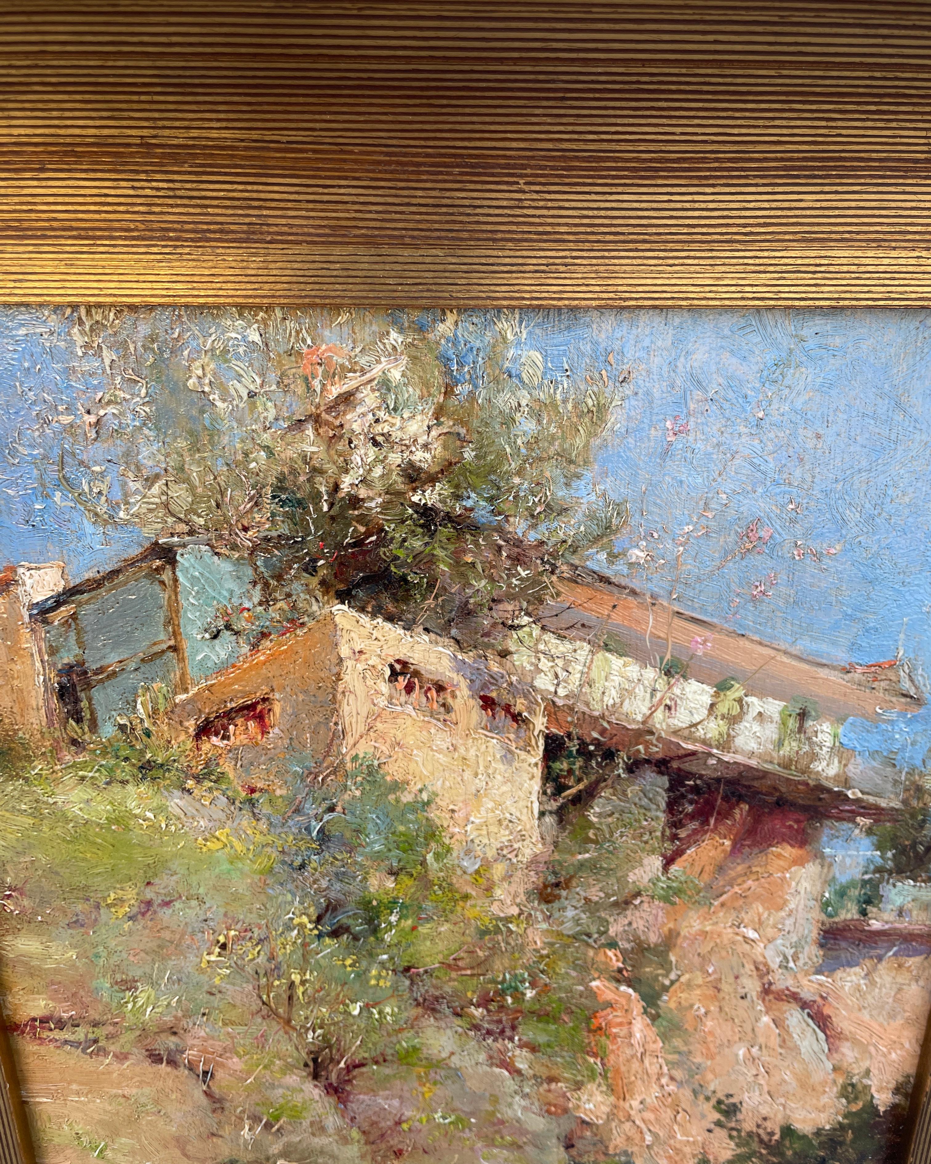 XIXe siècle Peinture française du 19e siècle représentant une maison au bord d'une falaise en vente