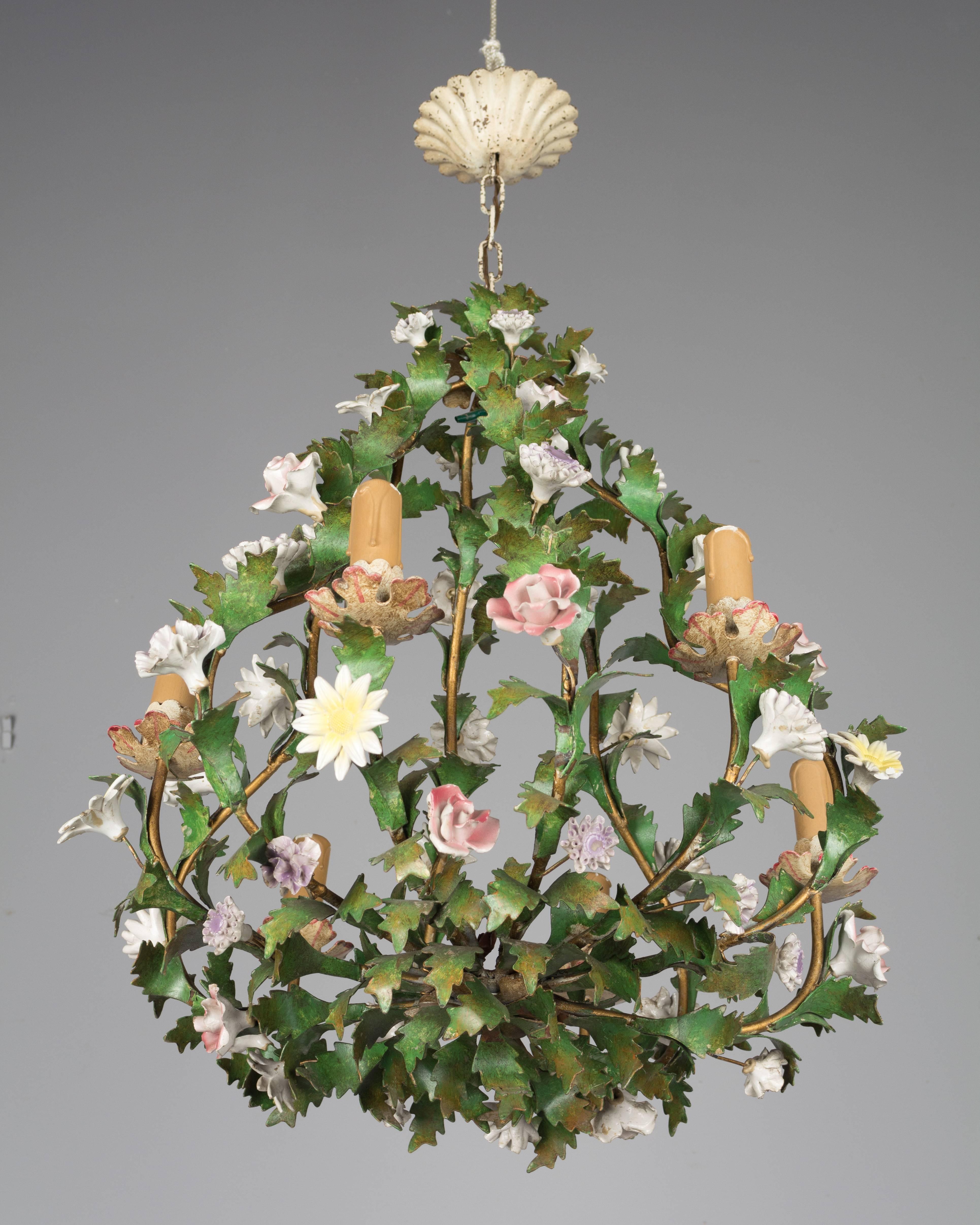 20th Century Italian Tole Chandelier with Porcelain Flowers