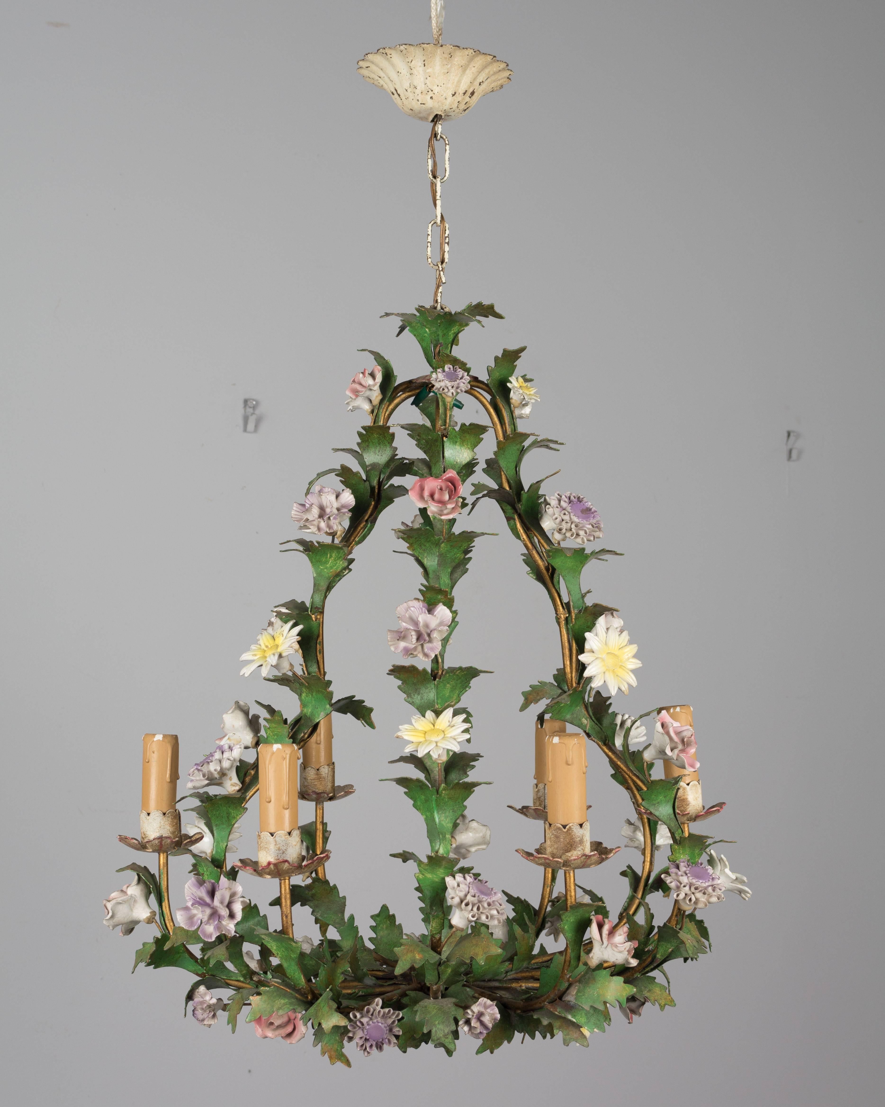 Italian Tole Chandelier with Porcelain Flowers In Good Condition In Winter Park, FL