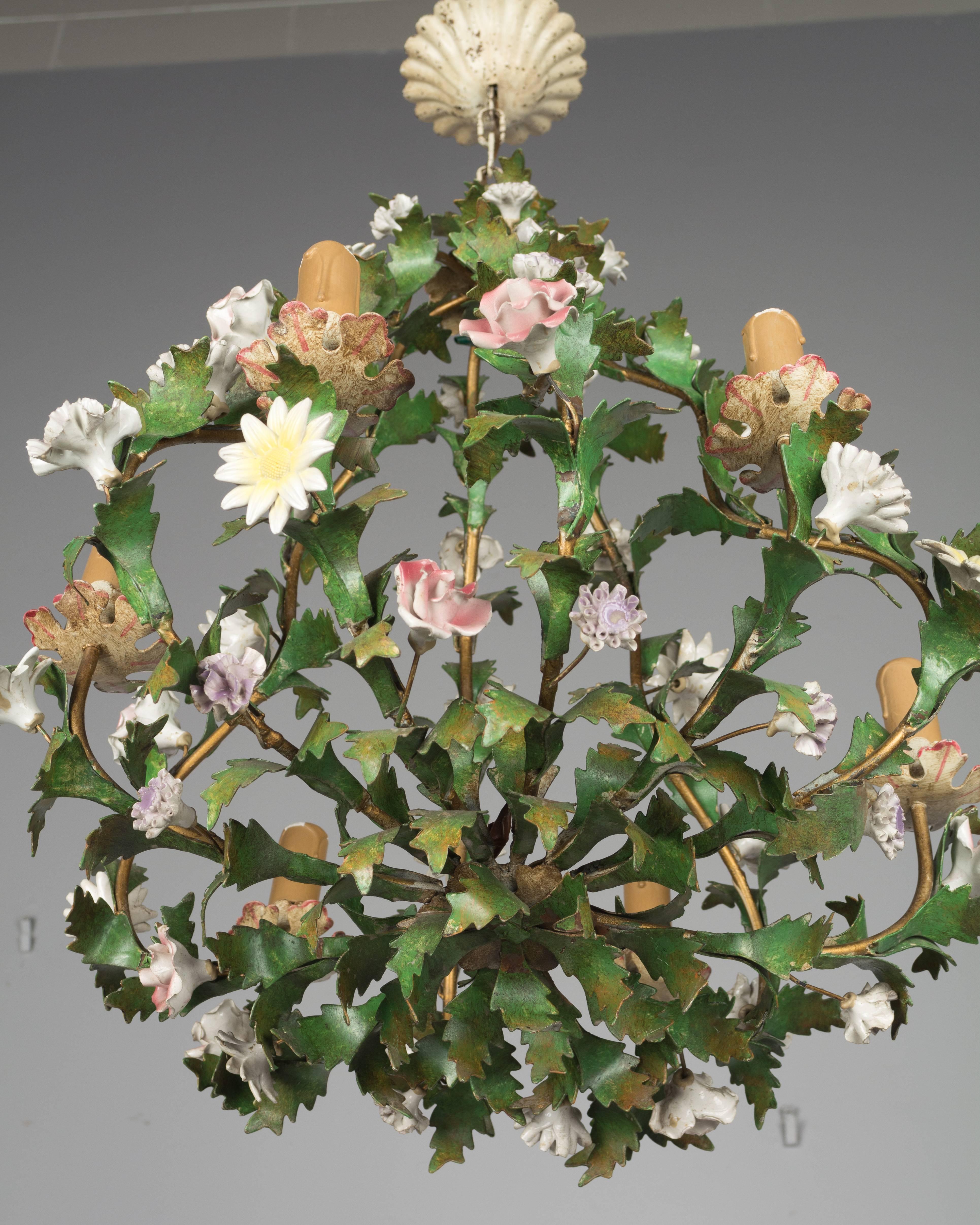 Italian Tole Chandelier with Porcelain Flowers 3