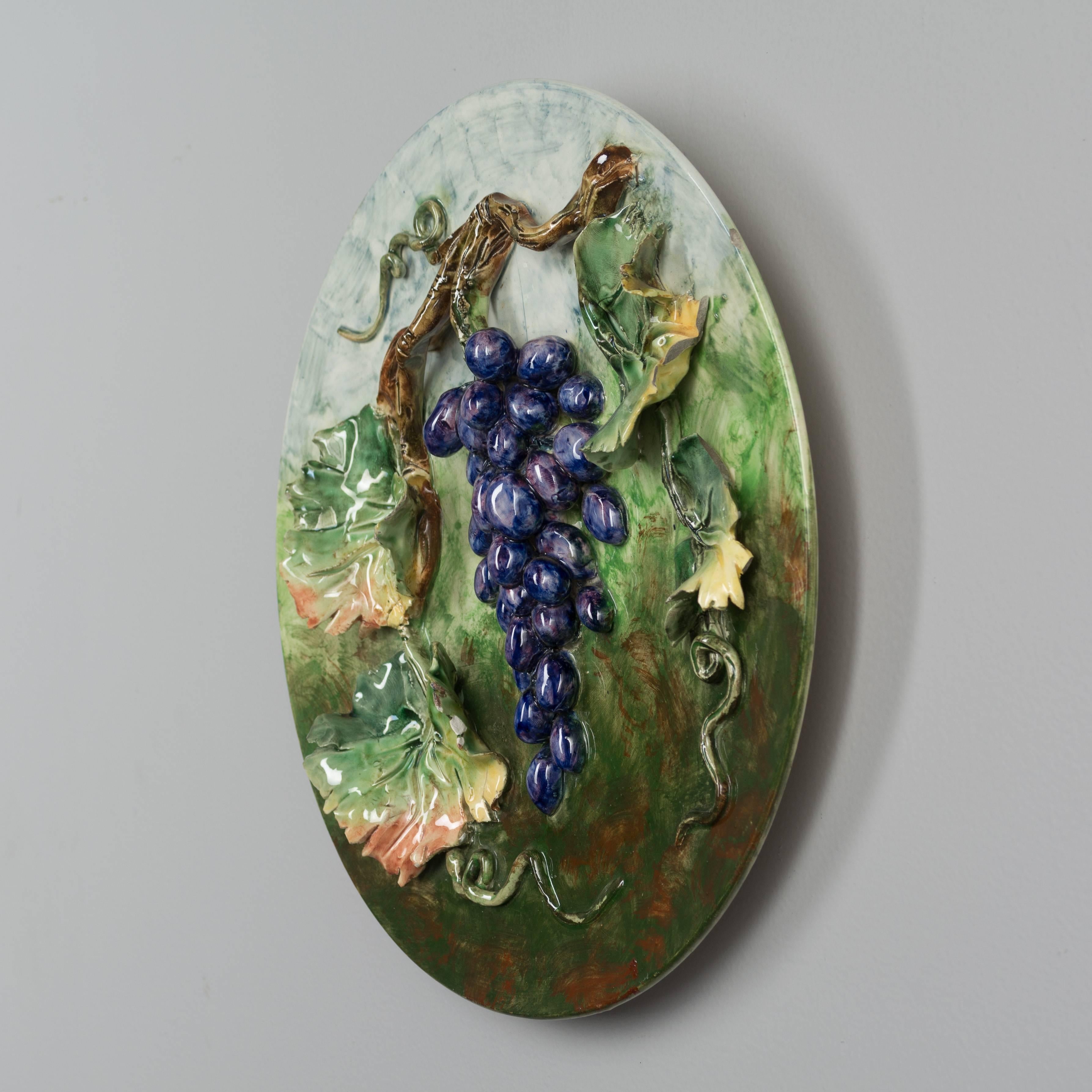 Hand-Crafted 19th Century French Barbotine Wall Platter with Grapes