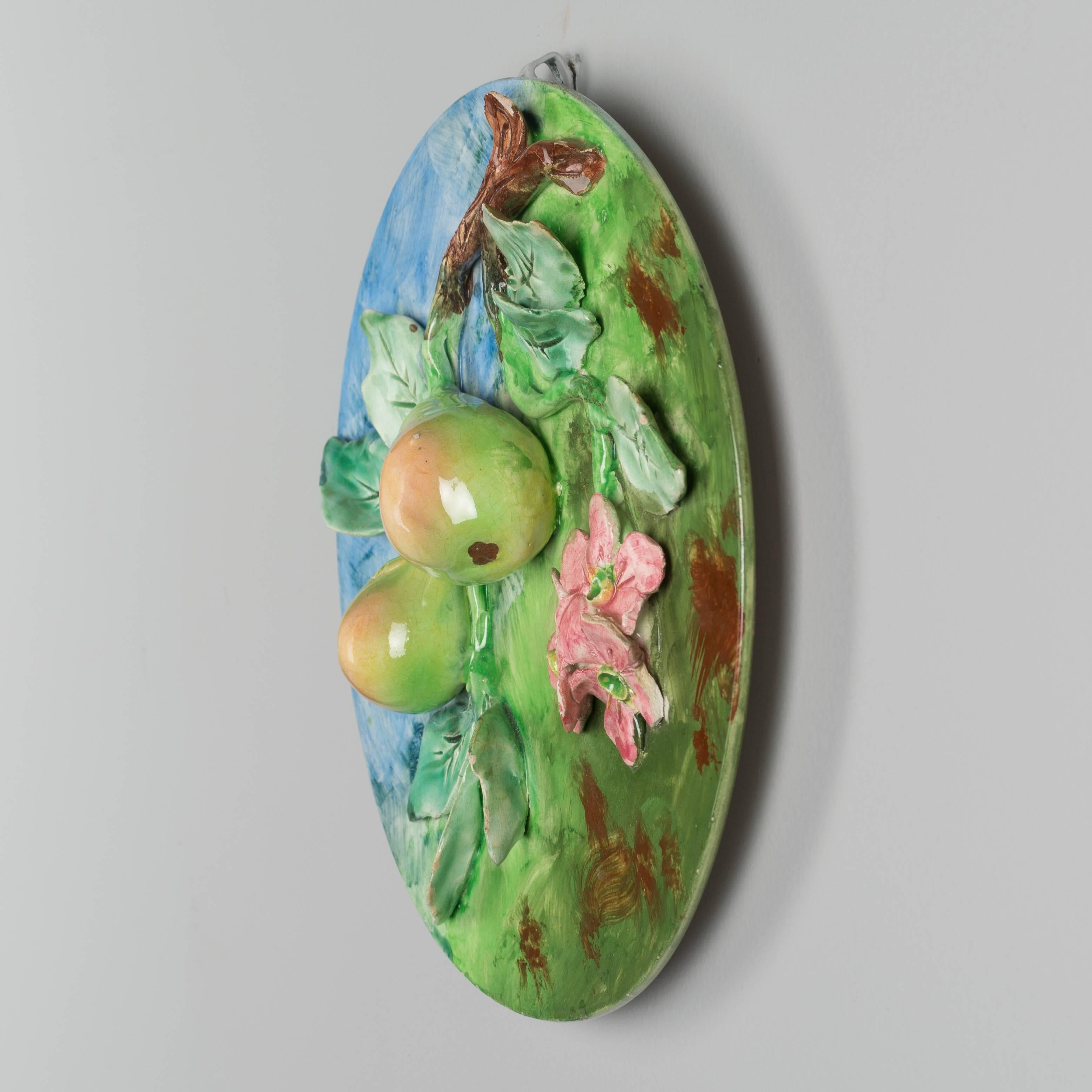 Hand-Crafted French majolica or Barbotine Wall Platter with Pears