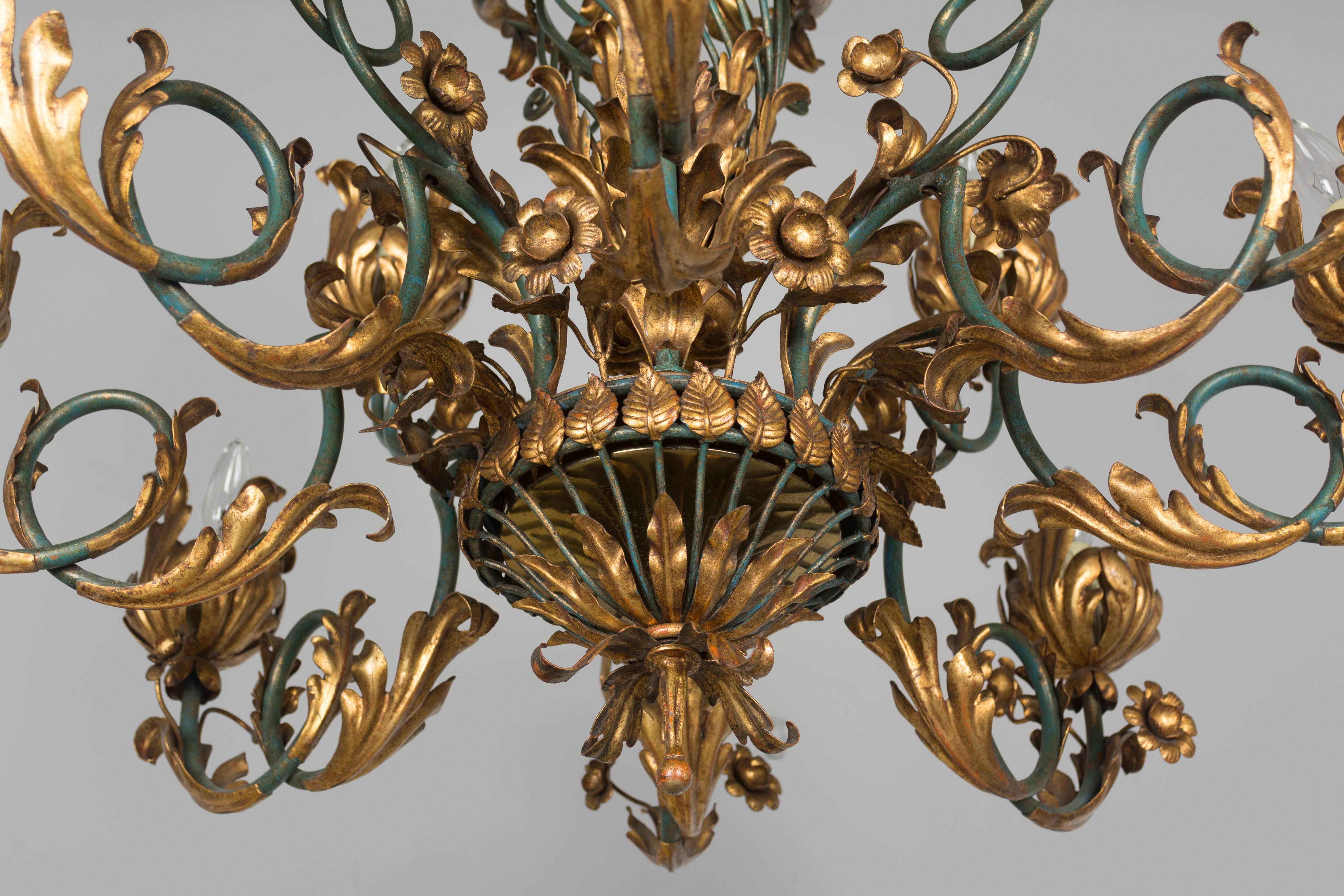 French 1940s Parcel-Gilt Chandelier In Excellent Condition In Winter Park, FL