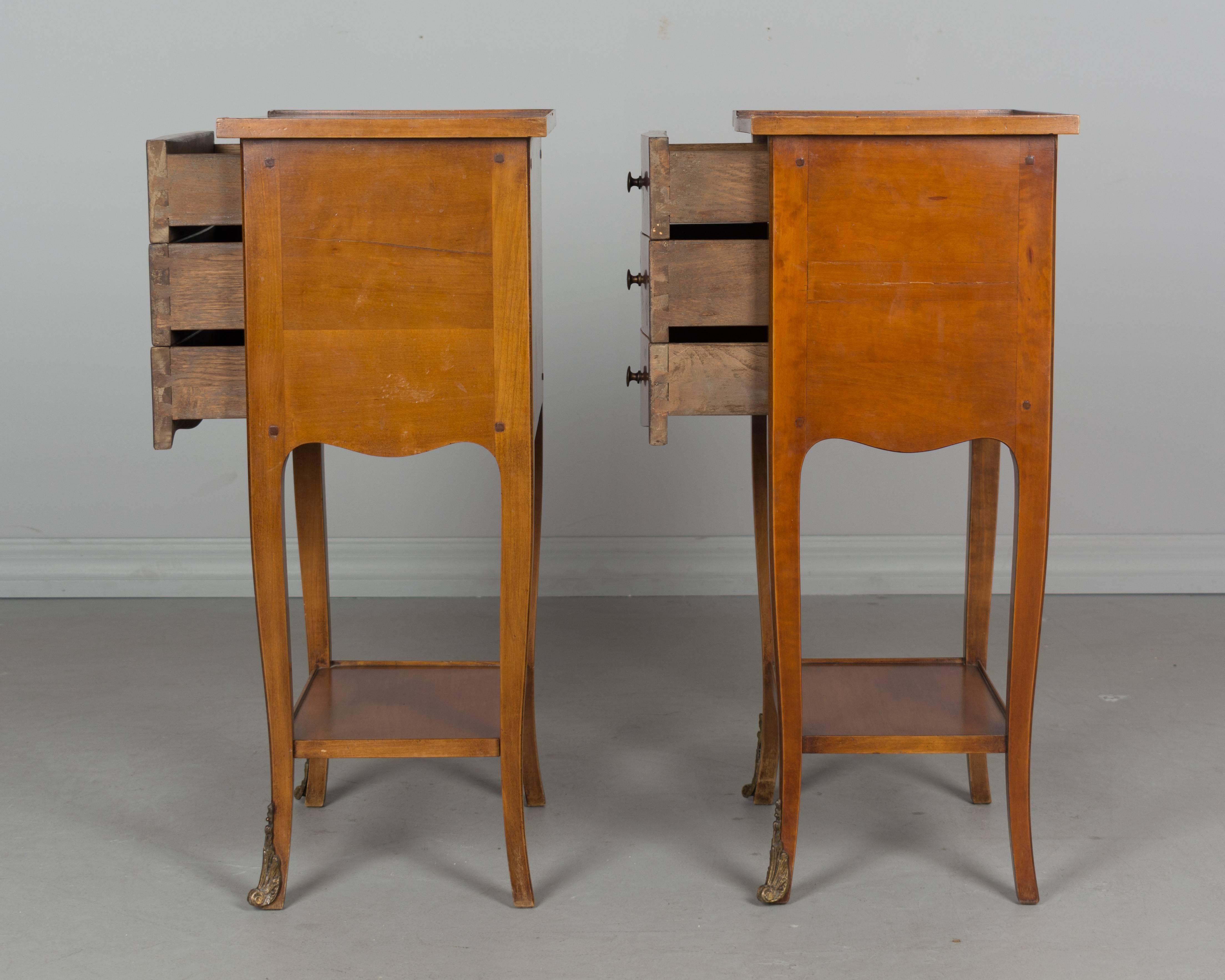 Cherry Pair of French Marquetry Side Tables or Nightstands