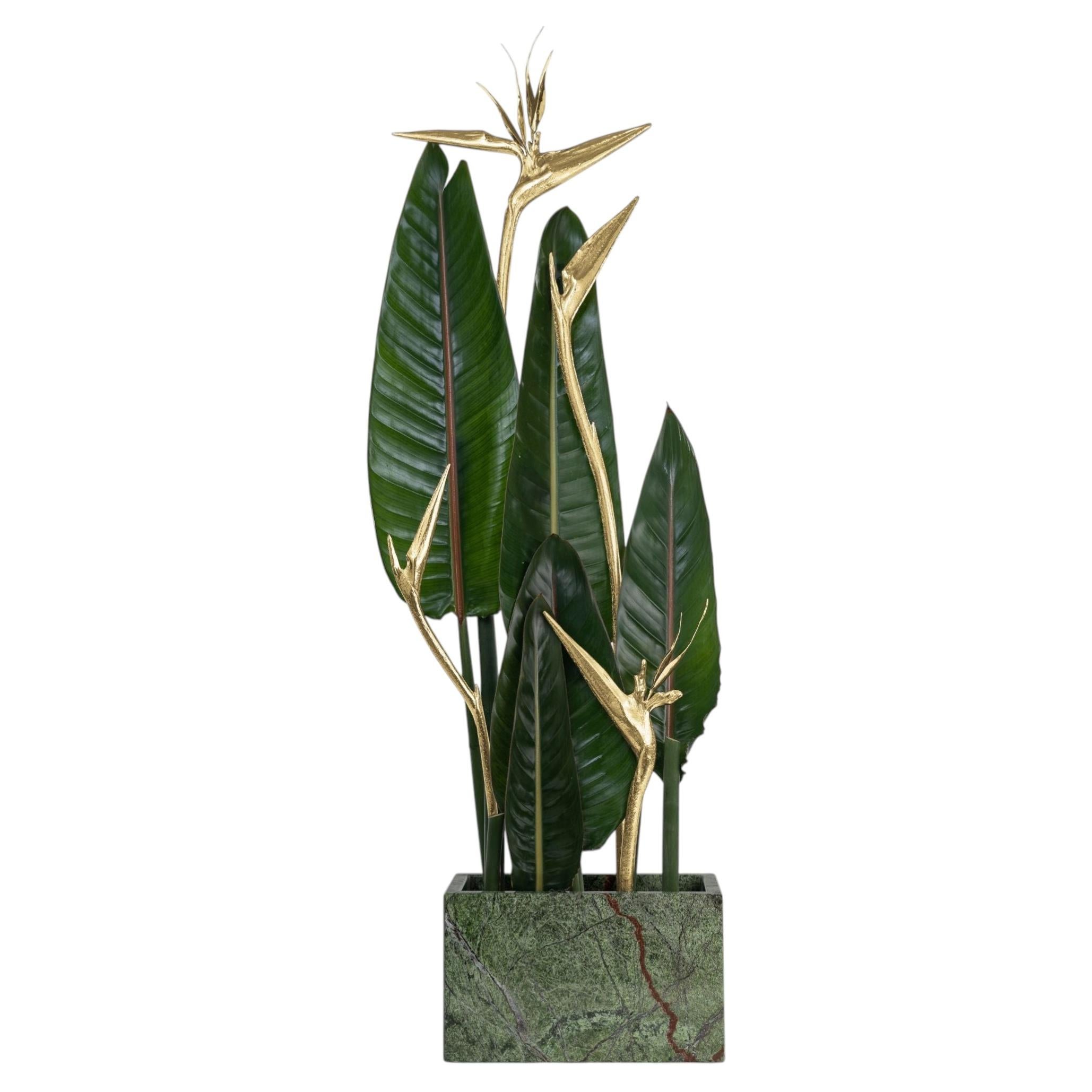 Stella IV Forest Green Marble Vase with Brass Floral Sculptures For Sale