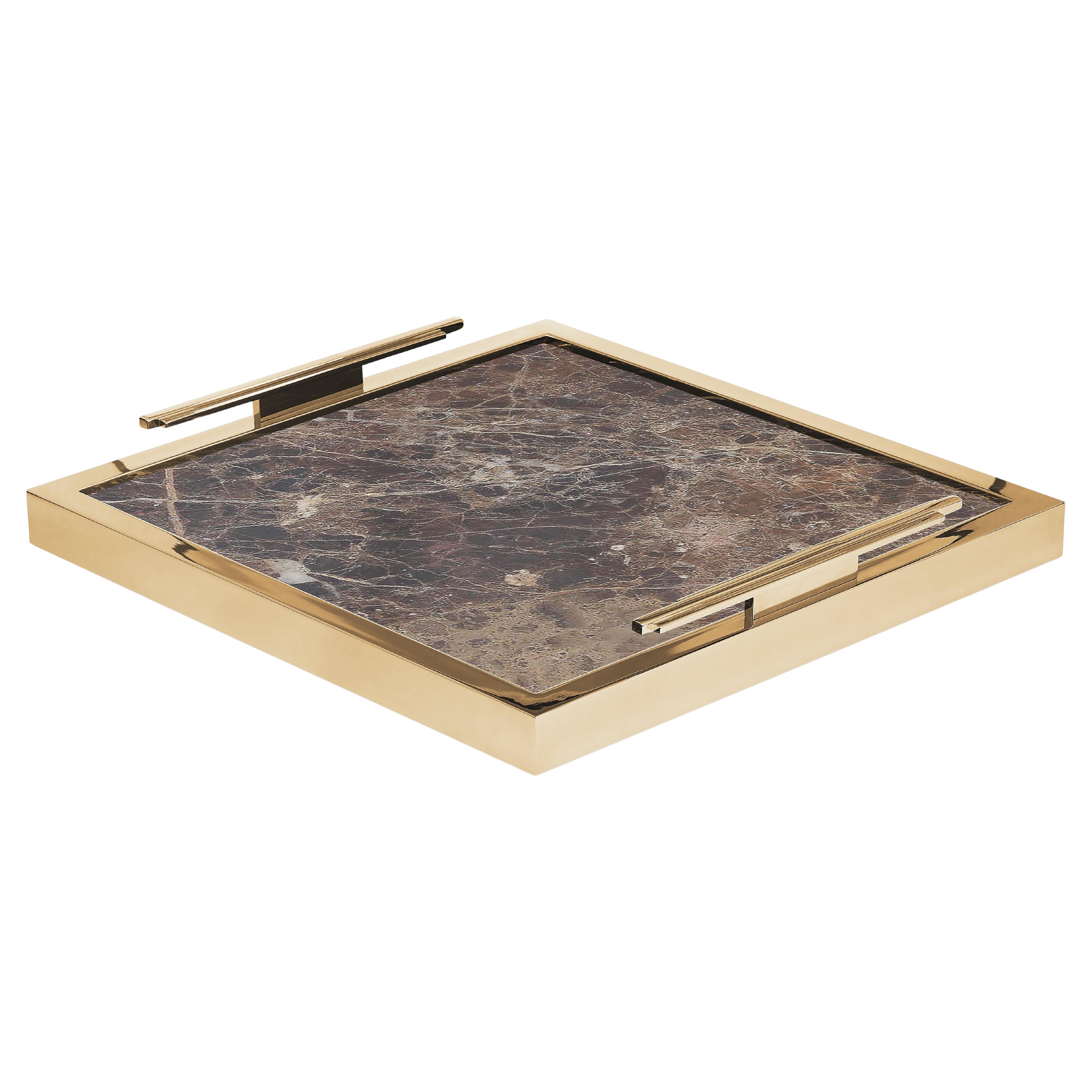 Libera Dekoratives Tablett, Handgefertigt aus Marmor und Metall, Gold Finish