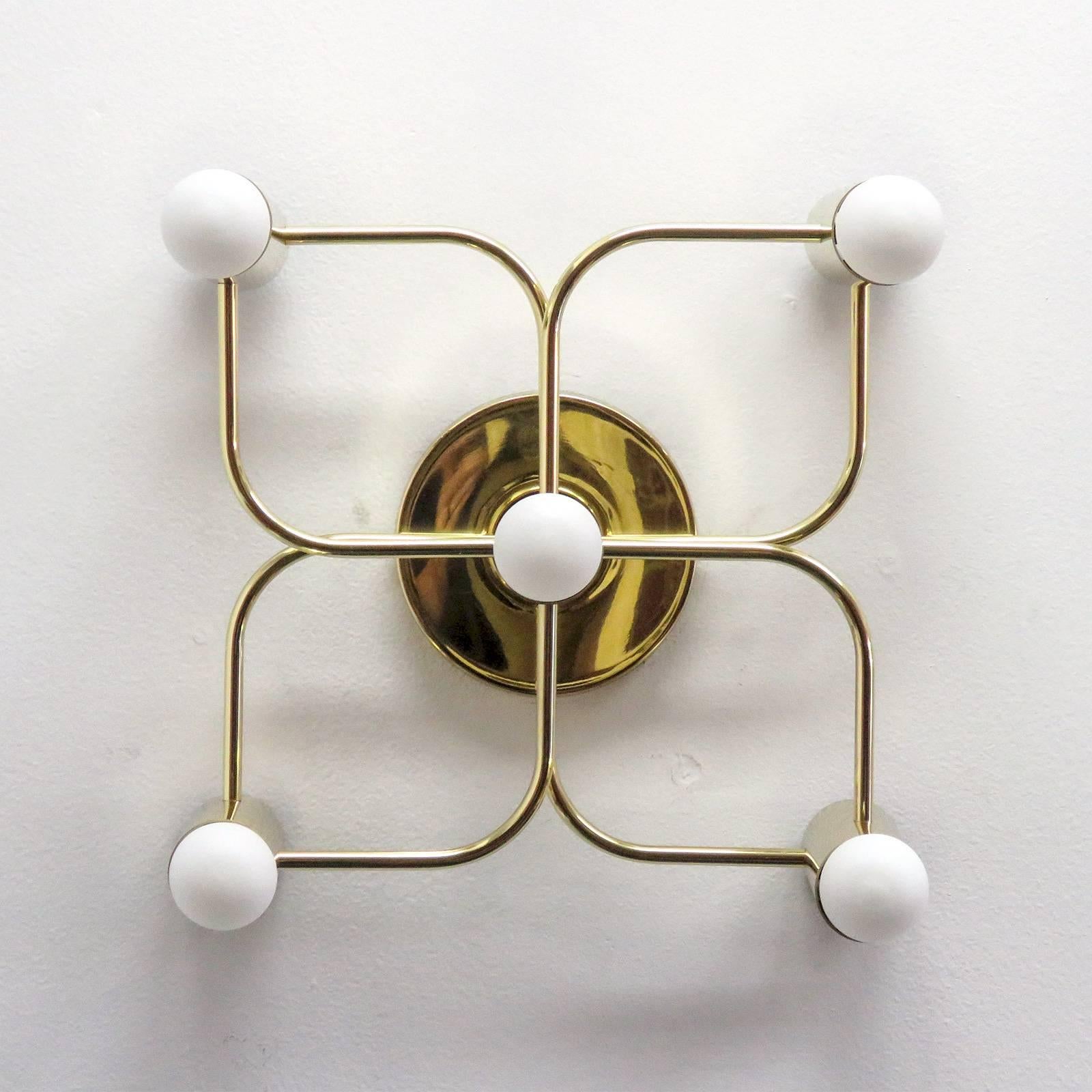 Wonderful German five-light polished brass flush mount lights, can be used as wall or ceiling lights.