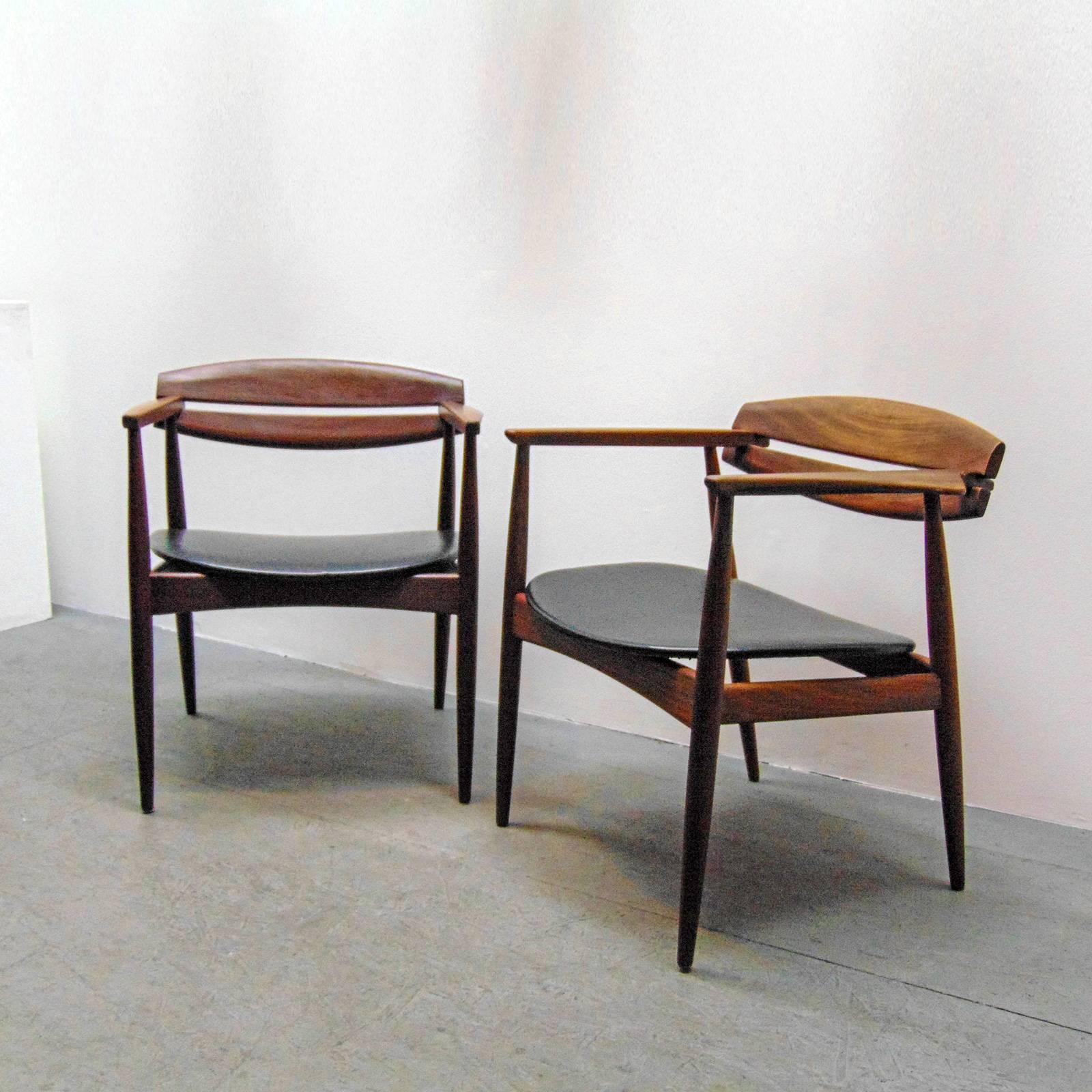 Faux Leather Sculptural Teak Armchairs by John Sylvester