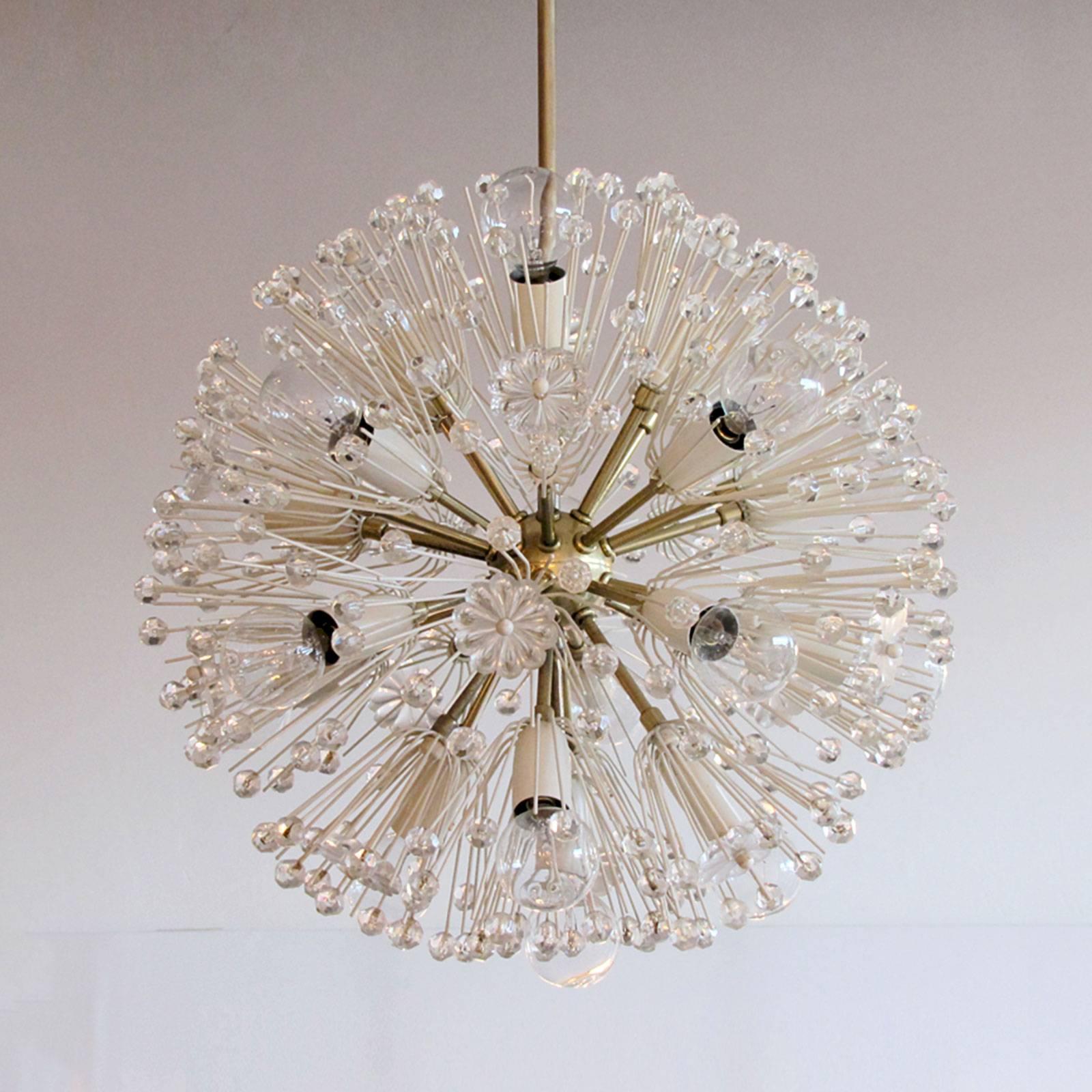 Beautiful and delicate sixteen-light brass fixture by Emil Stejnar for Nikoll with copious amounts of Austrian crystals, rewired for US J-boxes, overall height can be adjusted, max. wattage 25 W per socket.