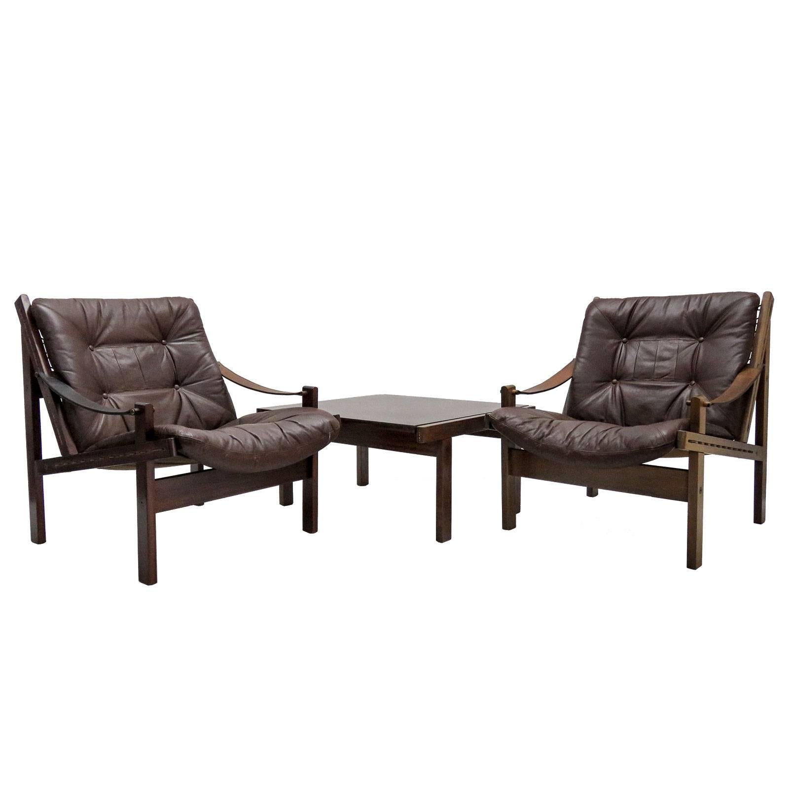 Pair of Danish Leather Chairs with Coffee Table