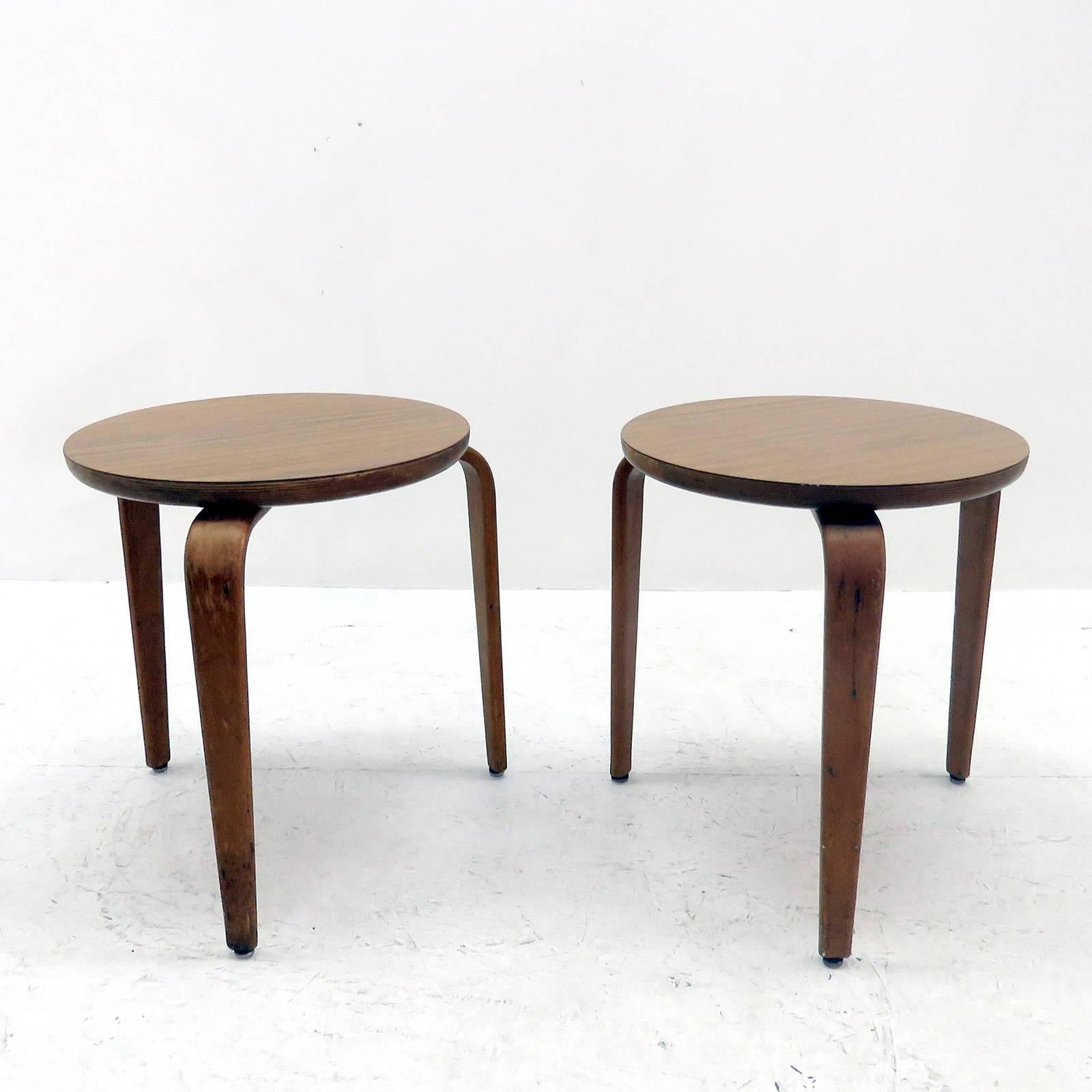 Wonderful pair of three legged bentwood stools/side tables by Thonet New York, with wood laminate top finish, marked.