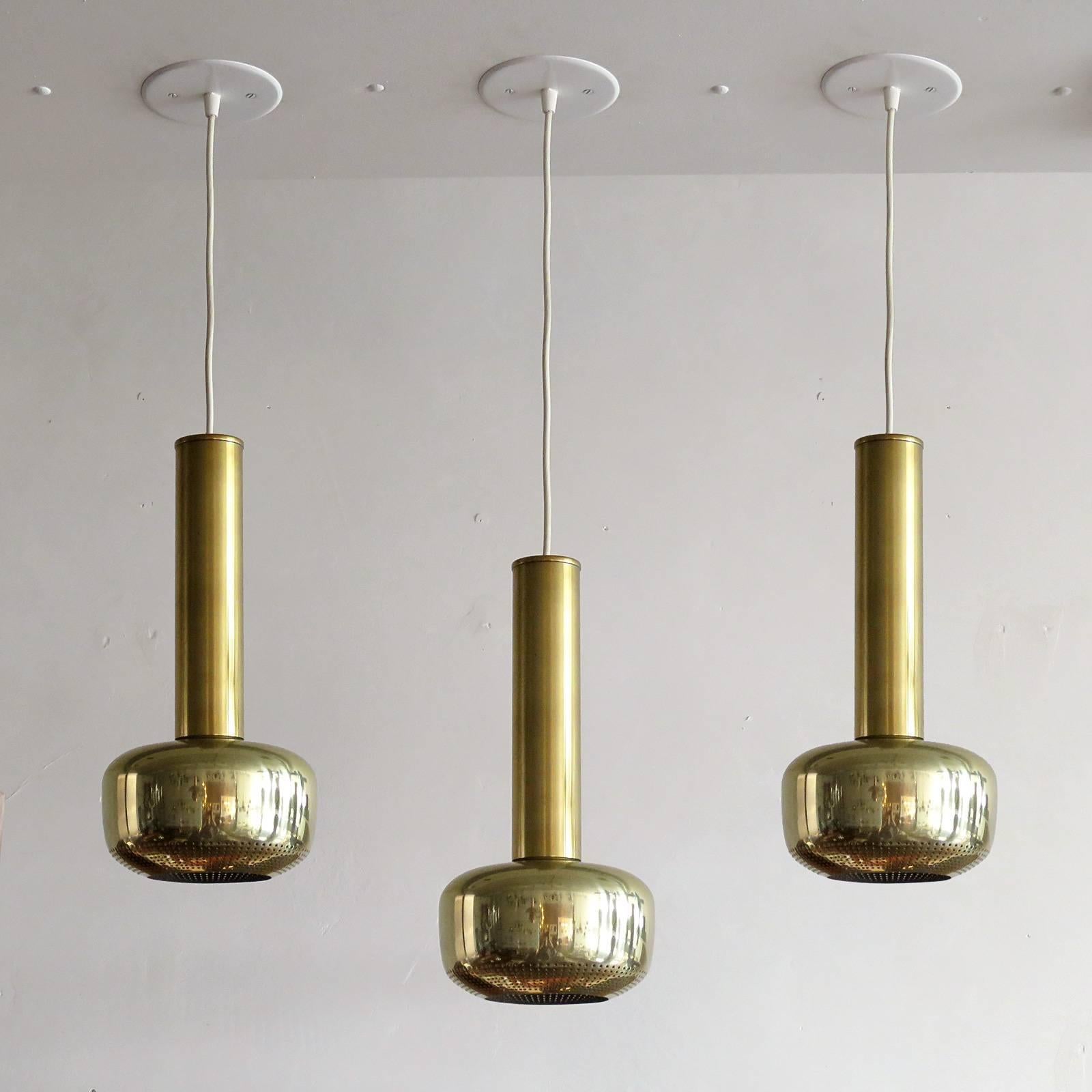 Wonderful brass pendant lamps, designed by Vilhelm Lauritzen for Louis Poulsen in Denmark.