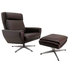 Danish Leather Lounge Chair with Ottoman